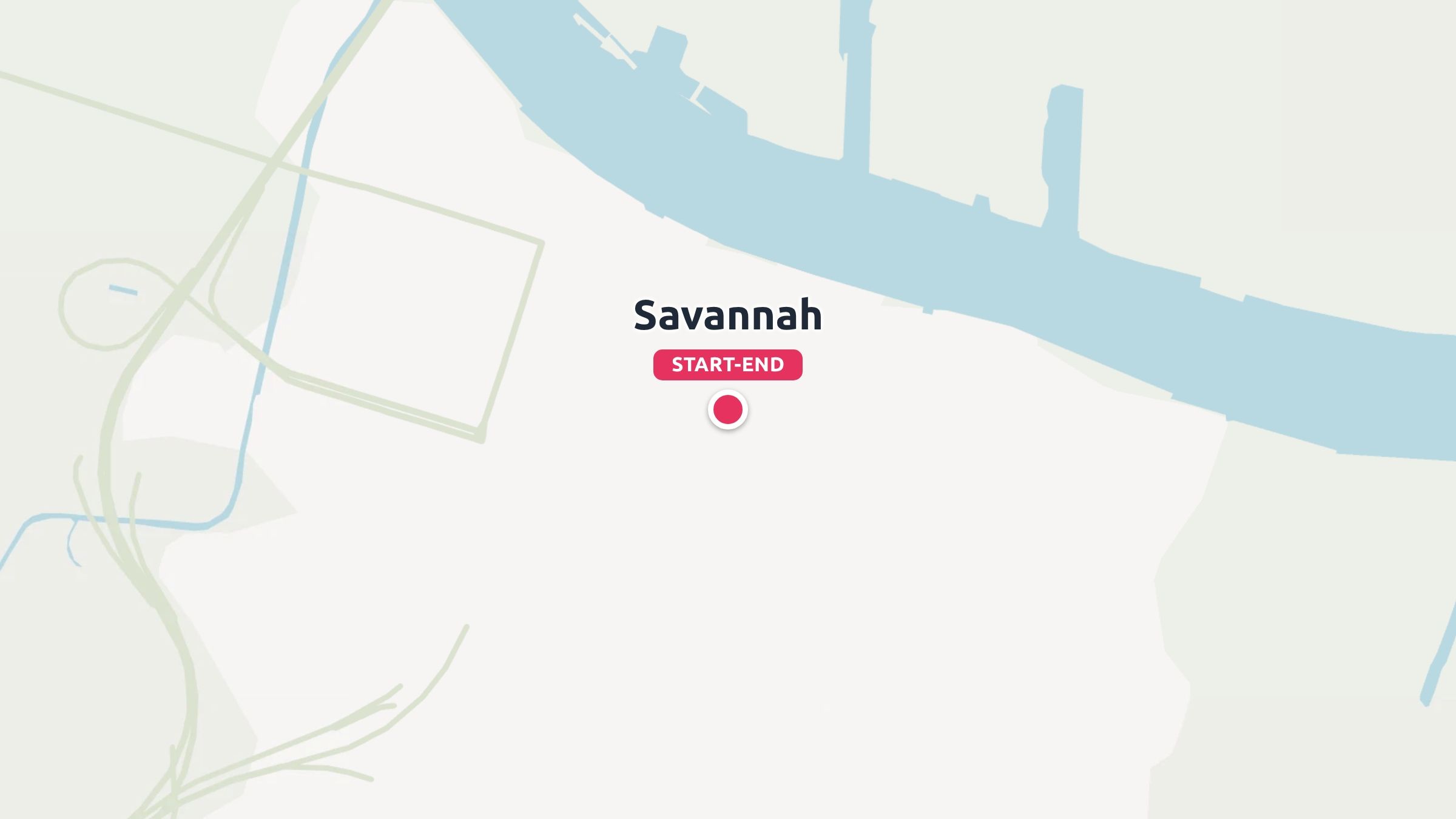 A map showing Savannah marked with a red pin as the start and end point near a blue river.