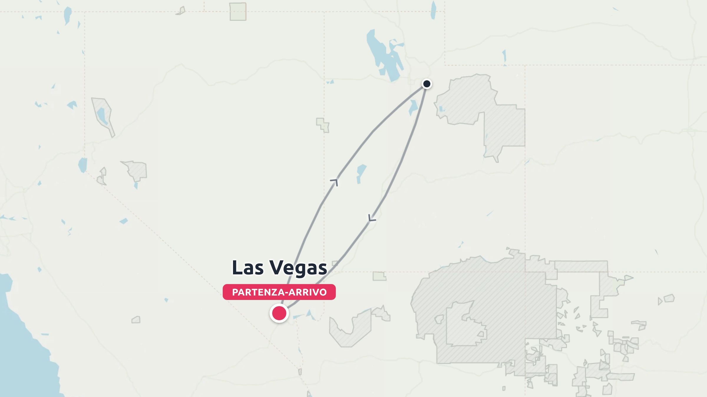 Mappa dell'itinerario di viaggio che mostra un anello di andata e ritorno con partenza e arrivo a Las Vegas