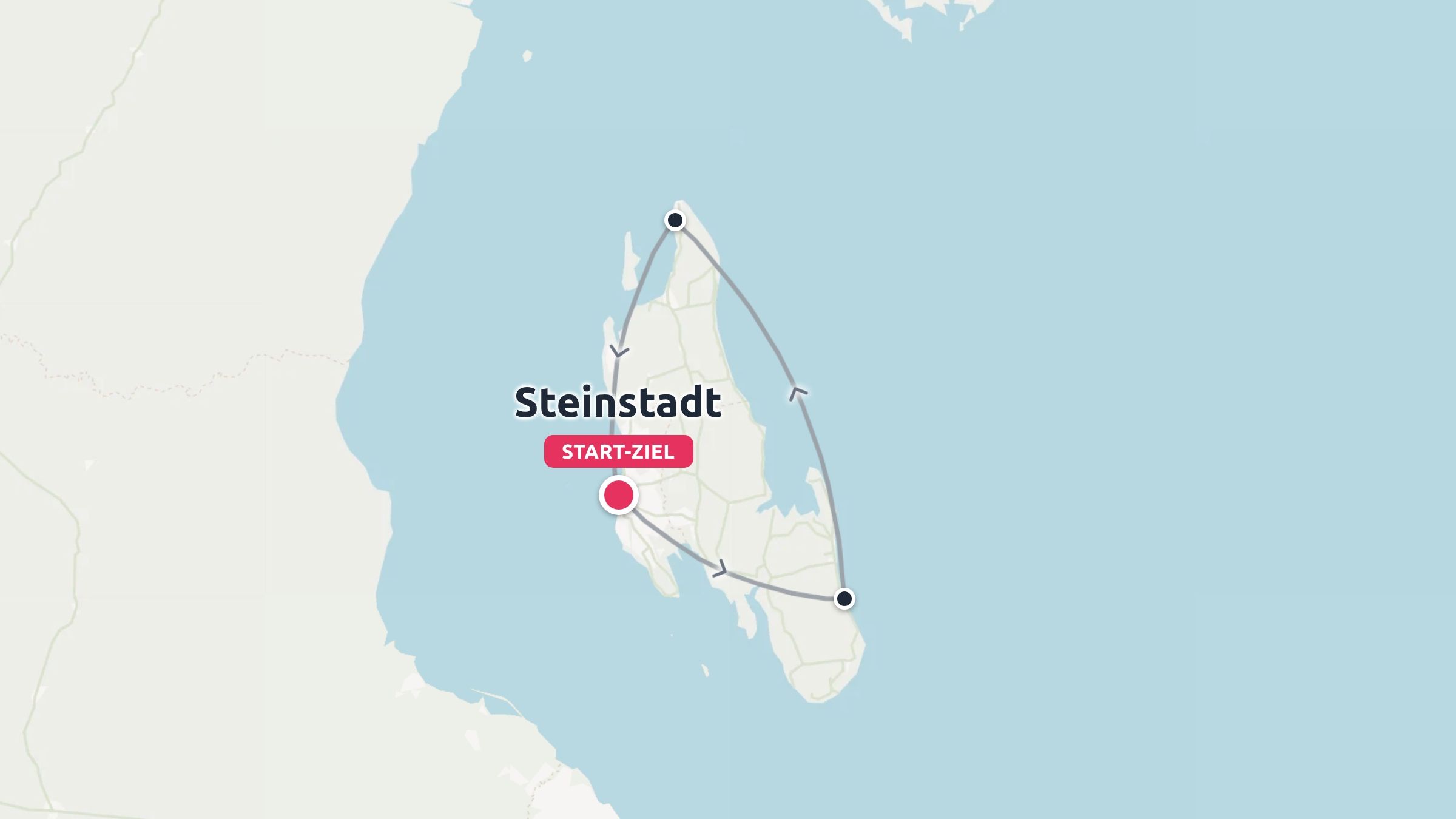 Eine Reiseroute um eine Insel mit Start und Ziel in Steinstadt und markierten Wegpunkten.