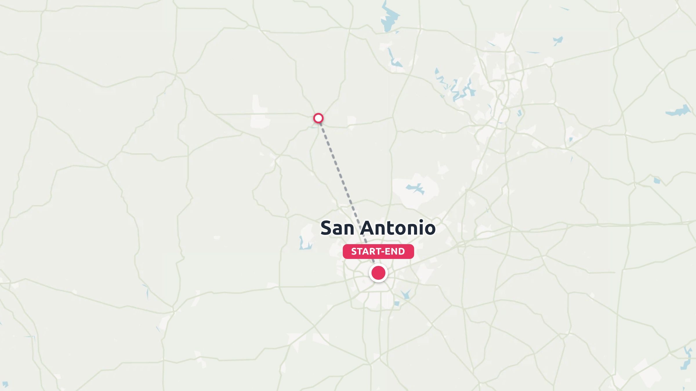 A travel route map showing a dashed path starting and ending in San Antonio.