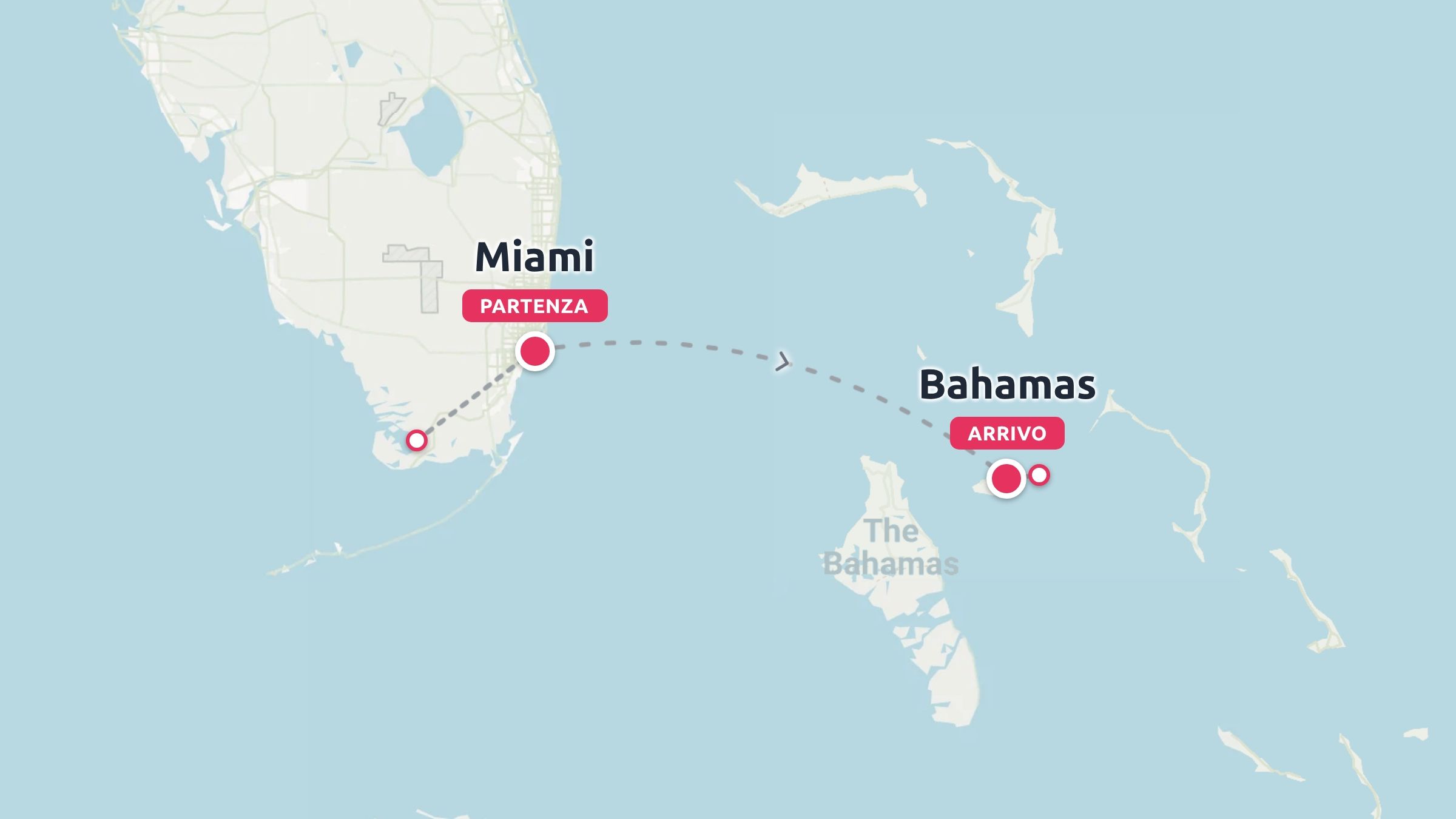 Una mappa dell'itinerario di viaggio che mostra una linea di viaggio tratteggiata che collega Miami contrassegnata come partenza alle Bahamas contrassegnate come arrivo.