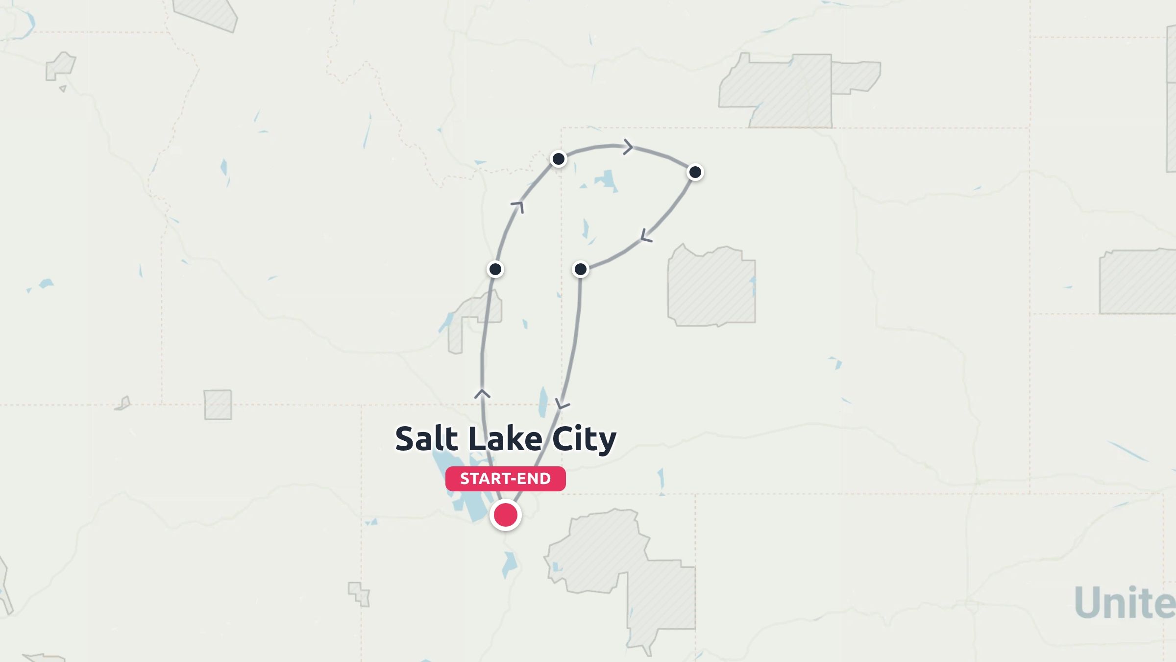 Travel route map showing a looped itinerary starting and ending in Salt Lake City with multiple stops.
