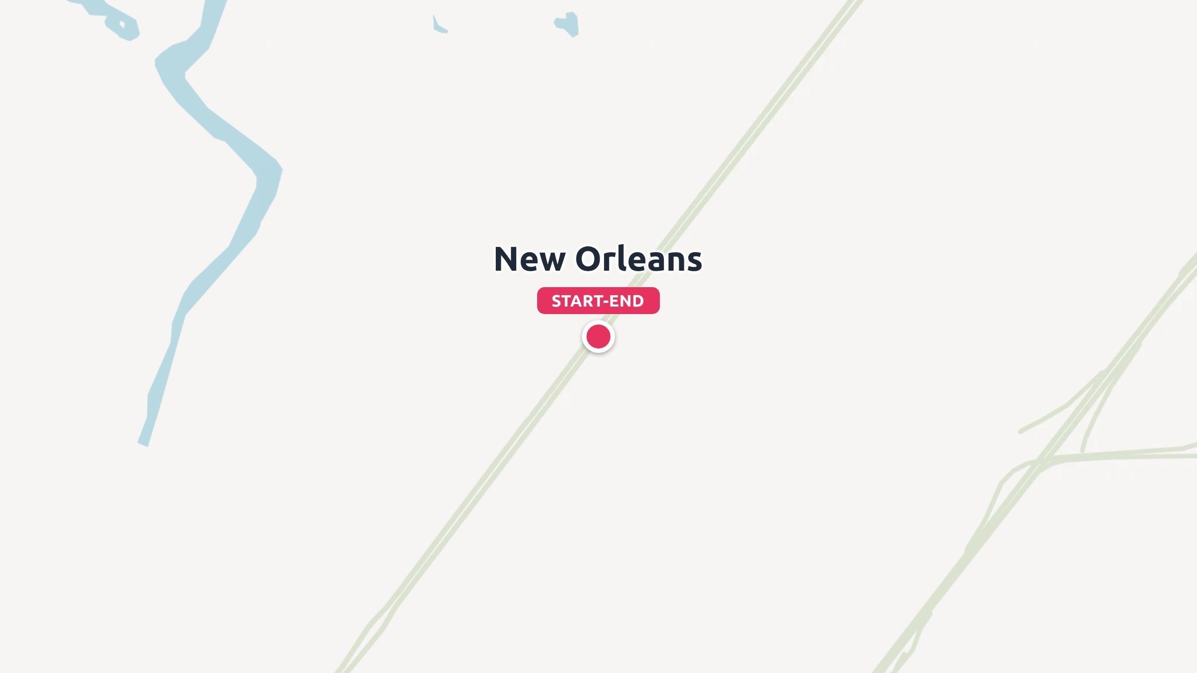 A minimalist travel map pinpointing New Orleans marked as the start and end location.