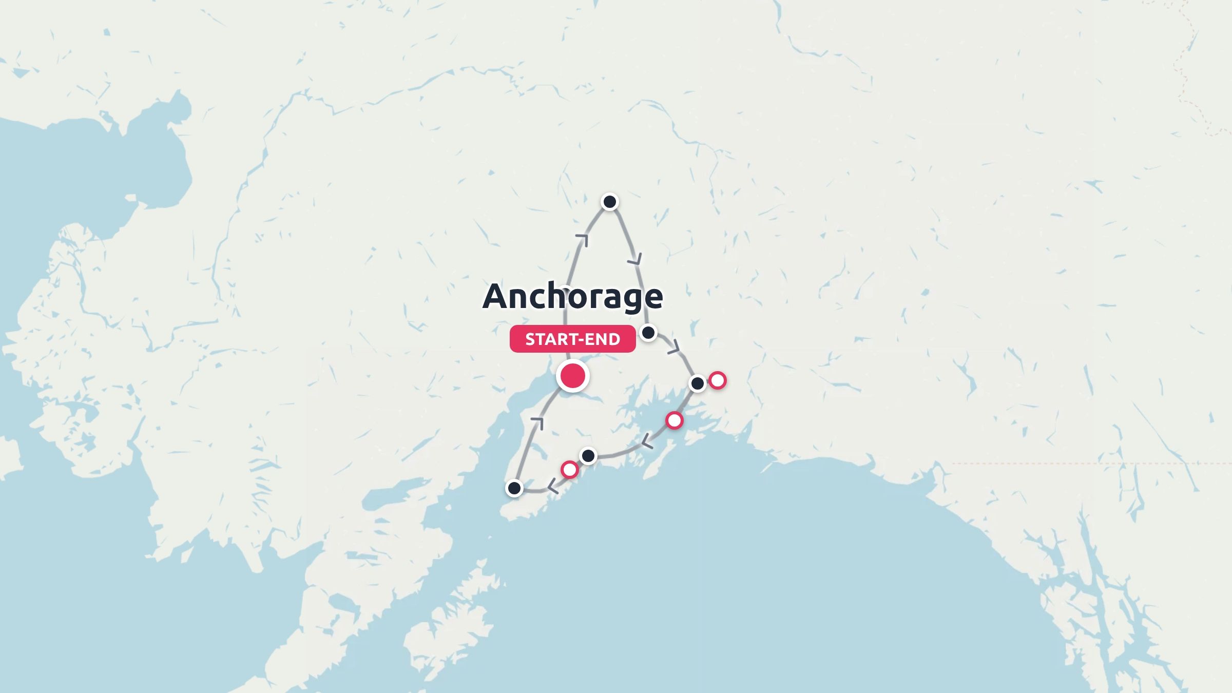A travel route map of Alaska showing a circular itinerary starting and ending in Anchorage.