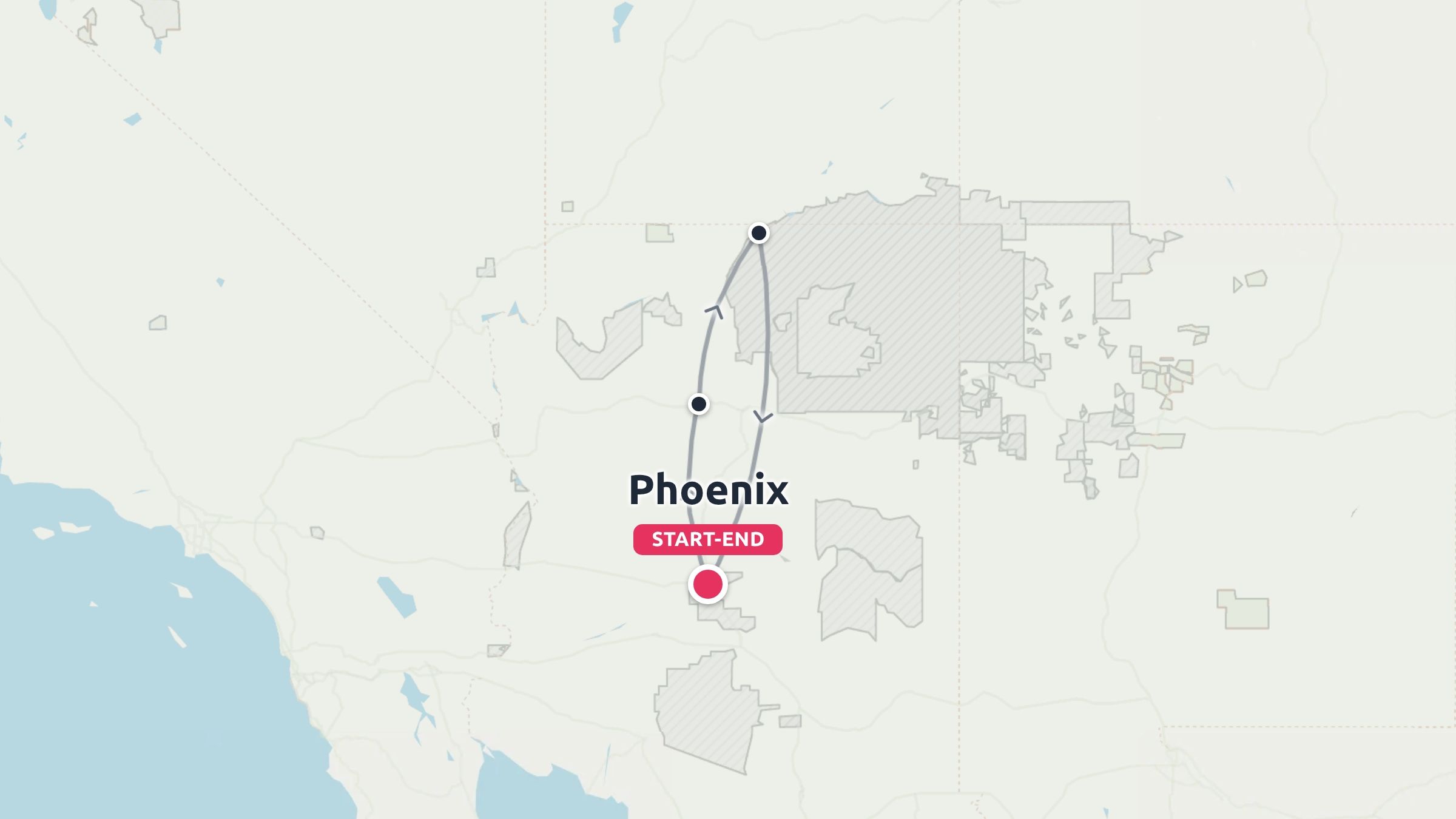 A travel map illustrating a round-trip route starting and ending in Phoenix, with marked stops extending northward.