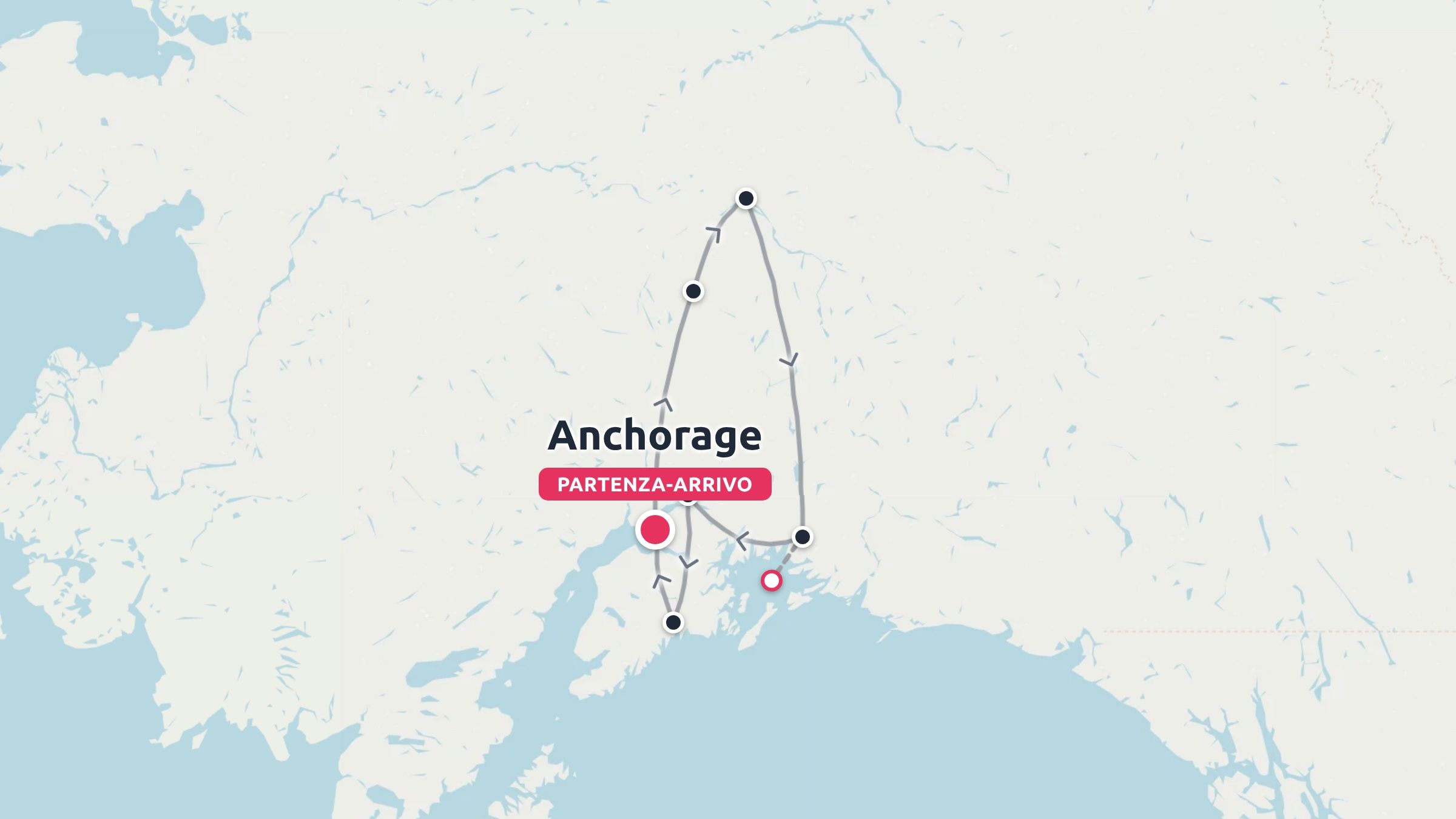 Un itinerario di viaggio in Alaska con mappa del percorso, con partenza e arrivo ad Anchorage e tappe circolari lungo il tragitto.