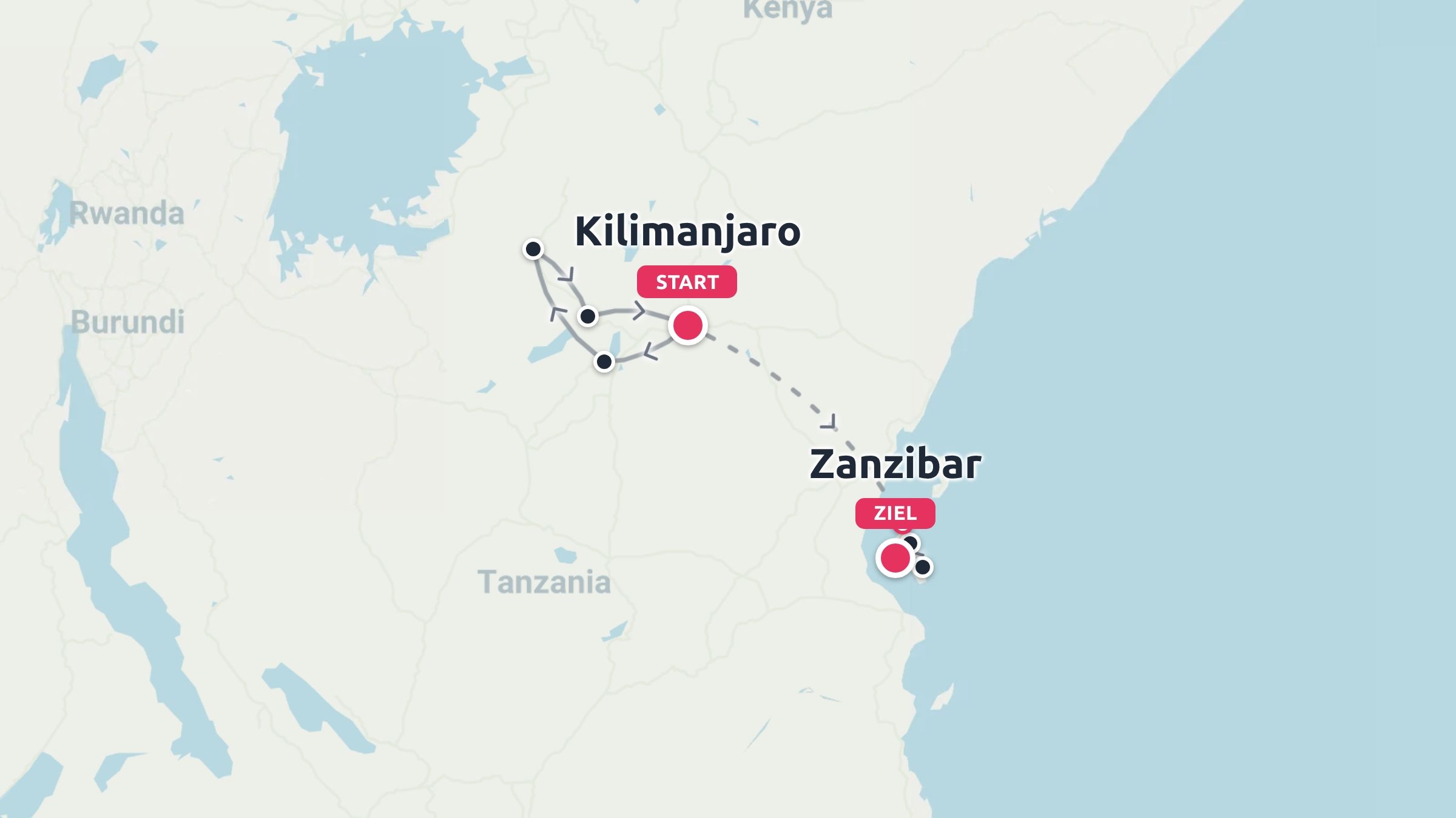 Eine Reiseroute in Tansania, die eine Reise zeigt, die in der Nähe des Kilimandscharo beginnt und in Sansibar endet.
