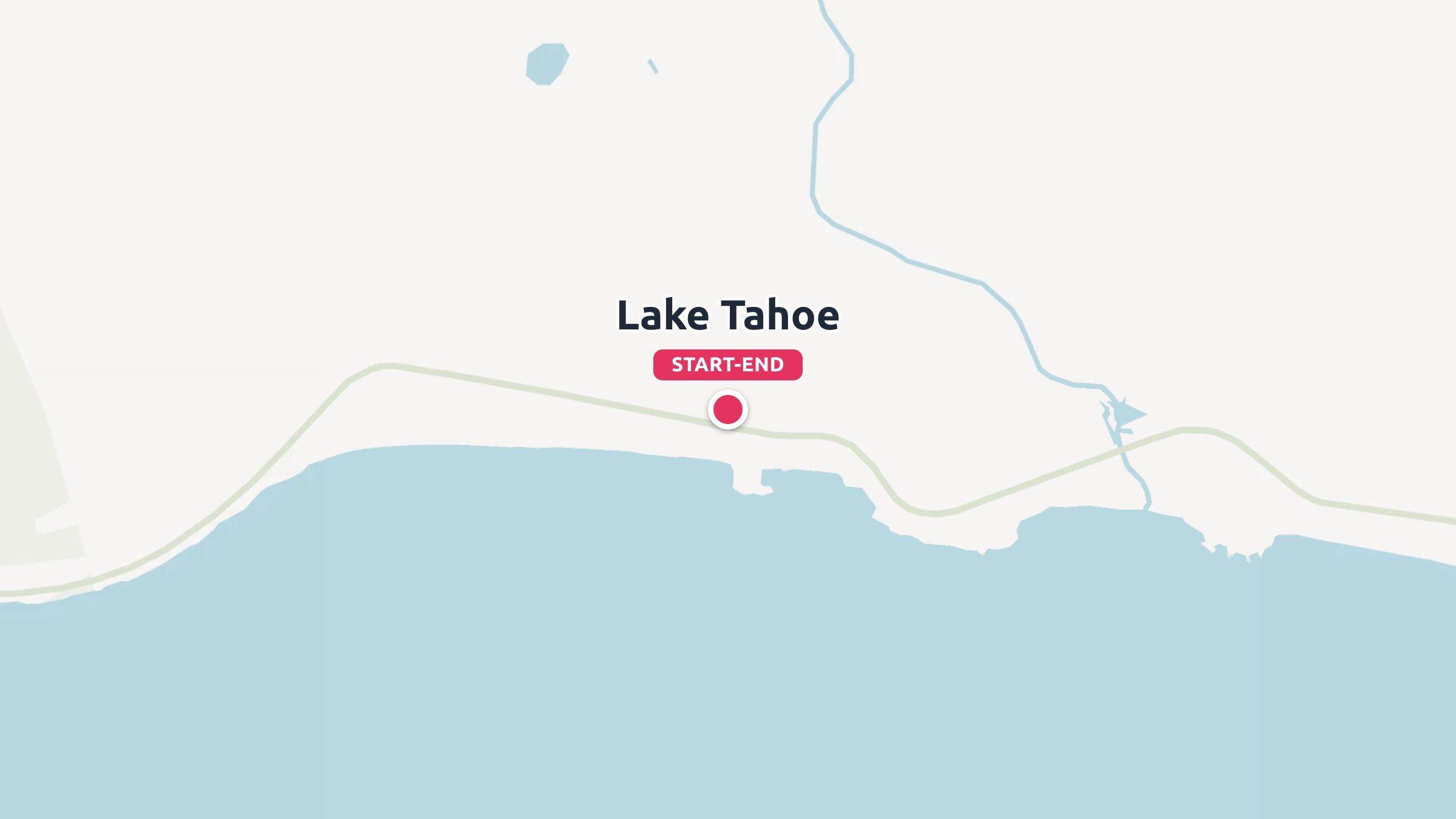 A minimalist map showing Lake Tahoe with a red start and end marker along the shoreline road.