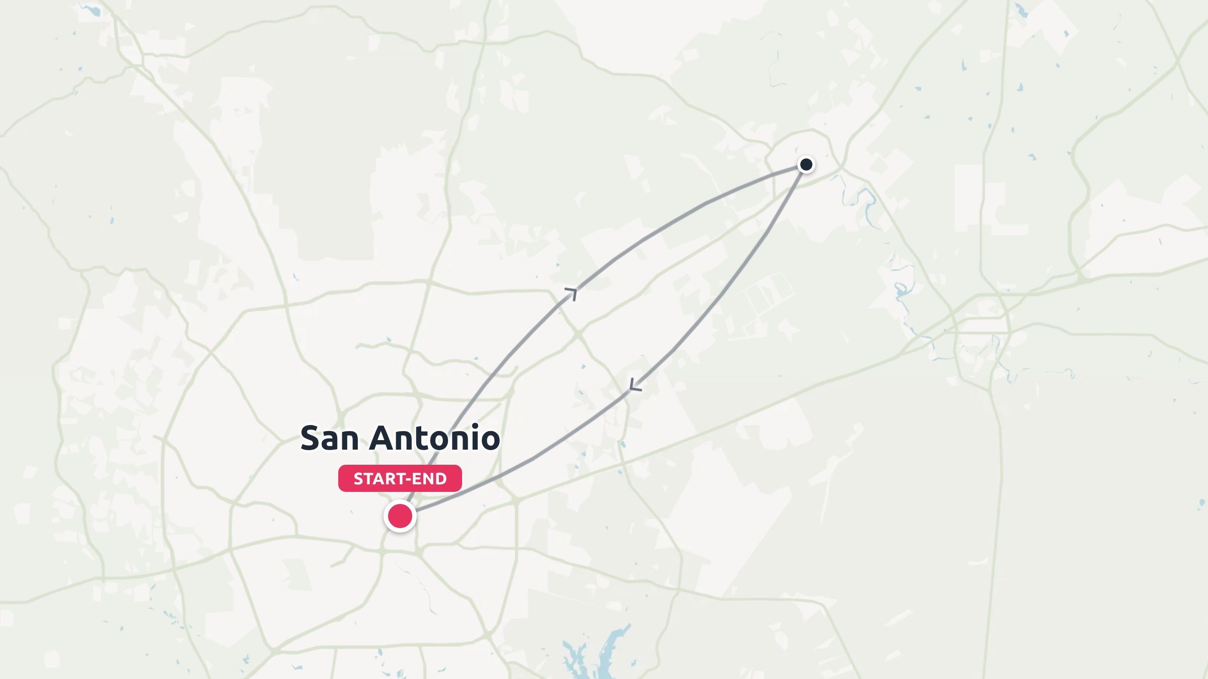 Travel route map showing a round trip loop starting and ending in San Antonio.