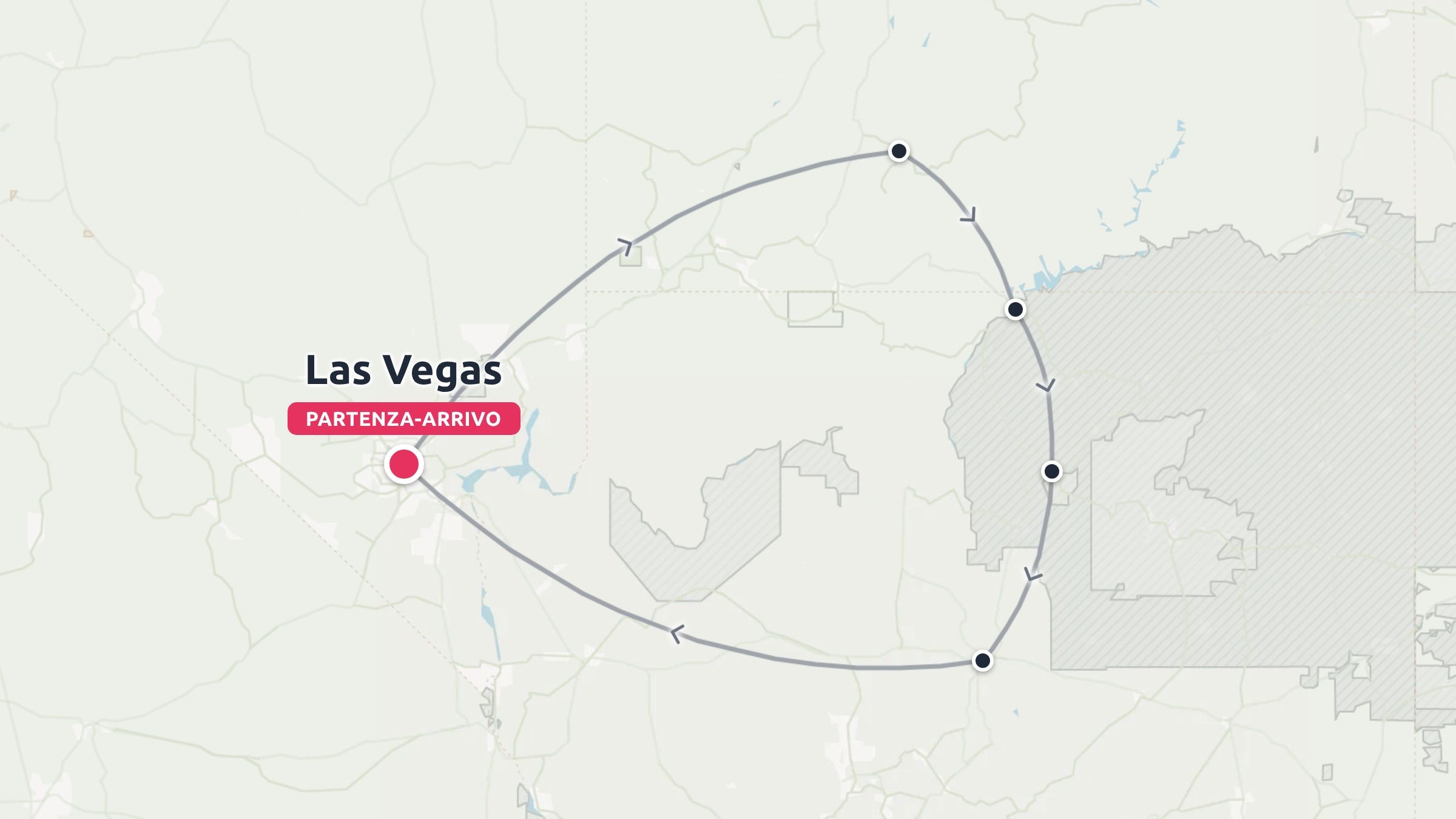 Una mappa di un itinerario di viaggio che mostra un anello circolare con partenza e arrivo a Las Vegas e diverse tappe segnalate