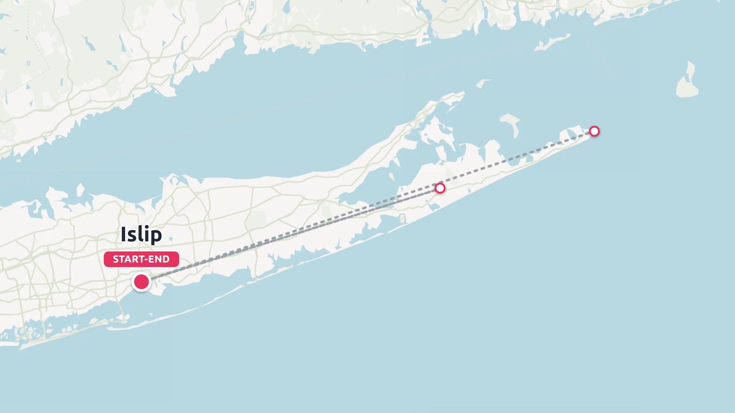 A travel route map showing a dashed itinerary path starting and ending in Islip across eastern Long Island.