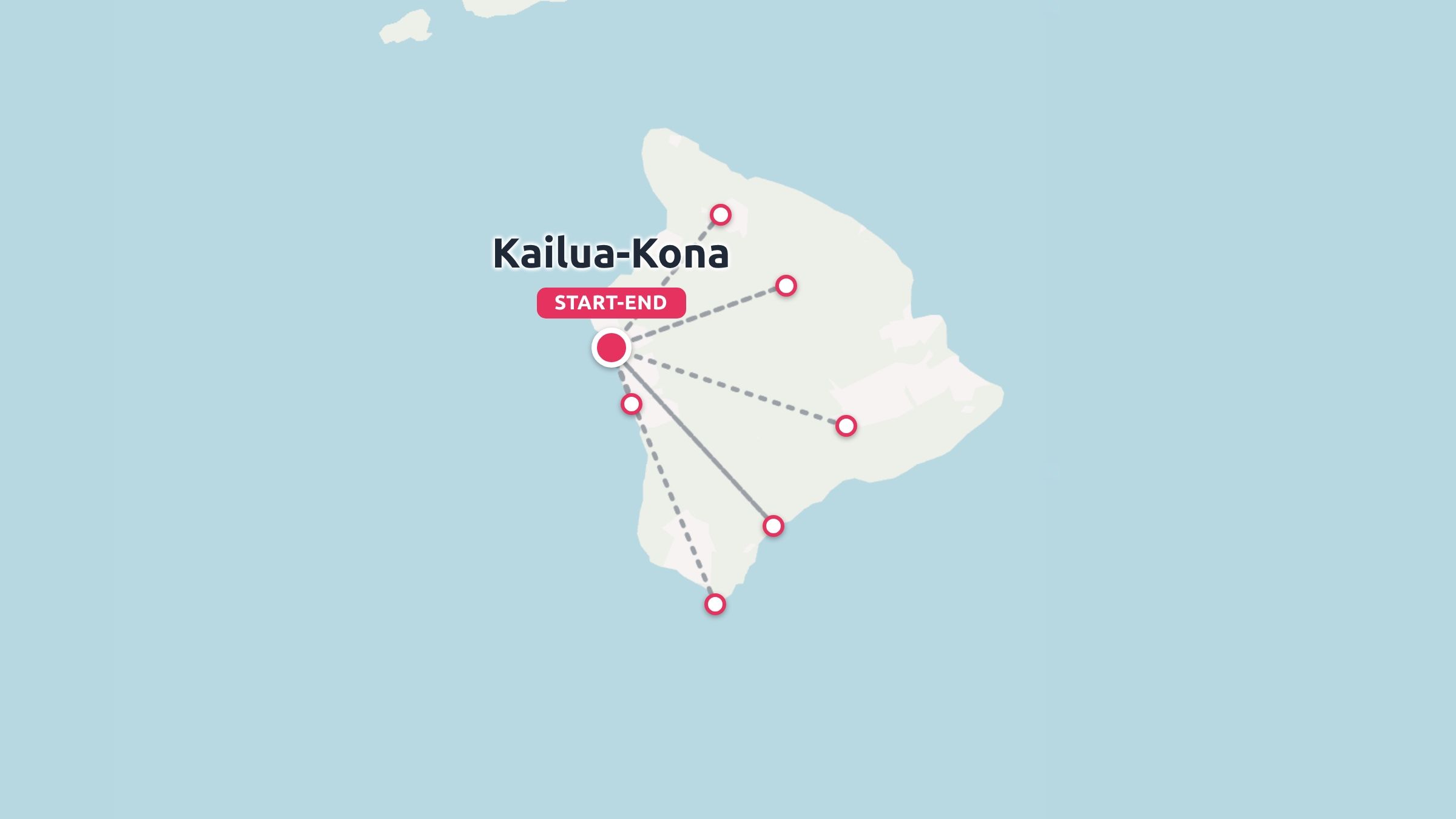 A travel map of Hawaii Island showing a route network starting and ending in Kailua-Kona.