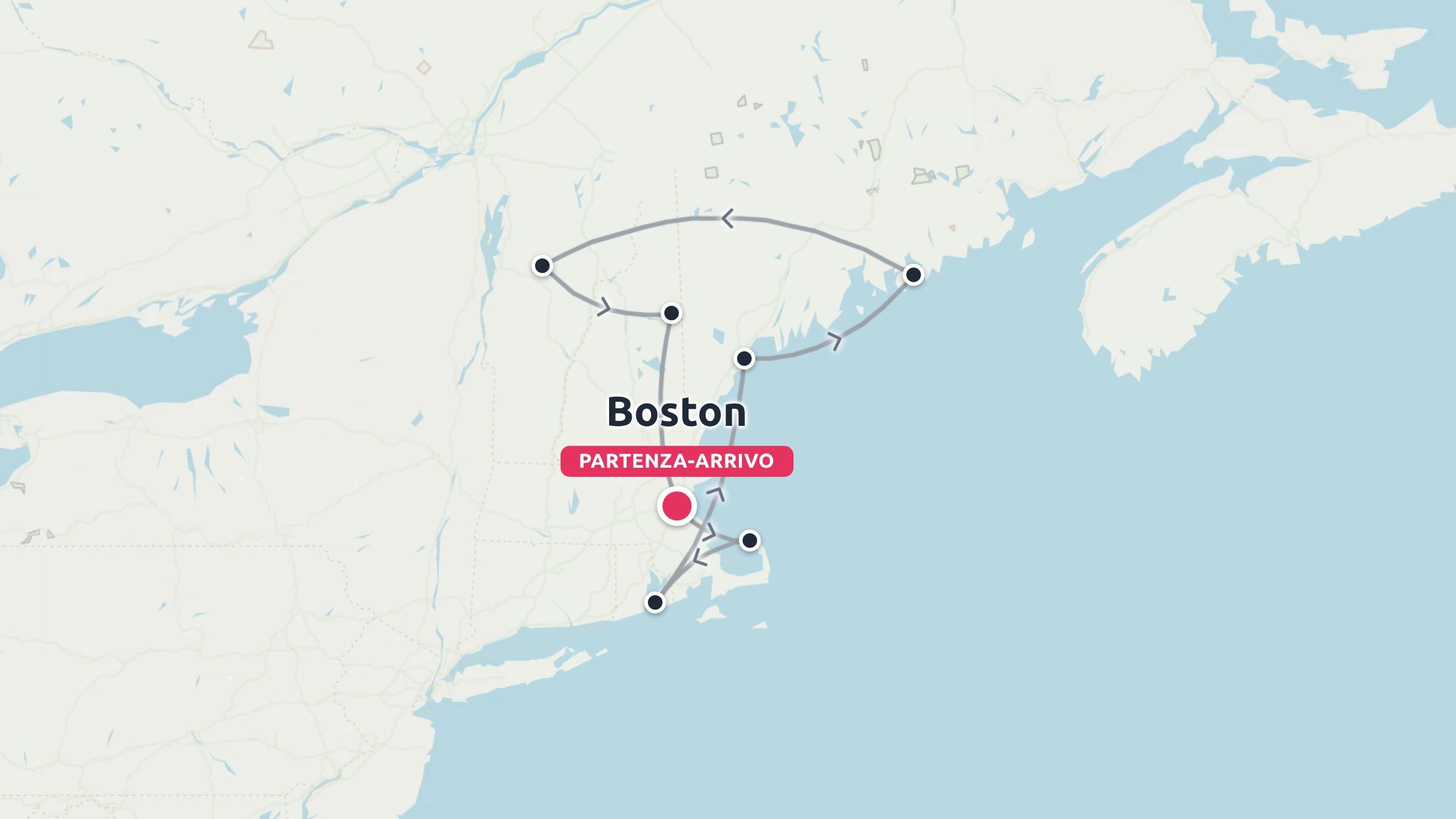 Mappa dell'itinerario di viaggio che mostra un percorso ad anello nel New England con partenza e arrivo a Boston.