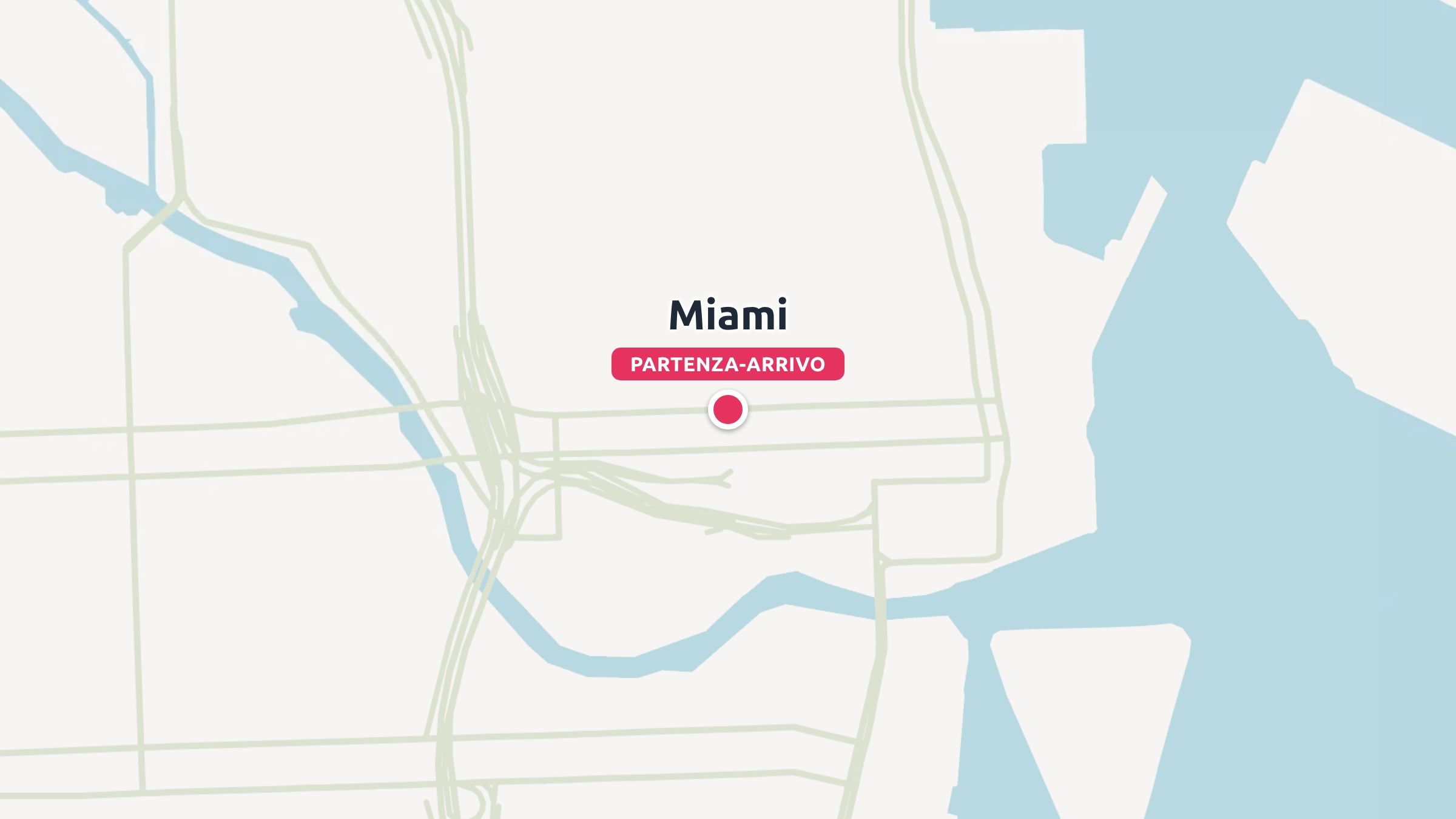 Una mappa stradale e costiera minimalista che evidenzia Miami con un punto rosa etichettato partenza-arrivo.