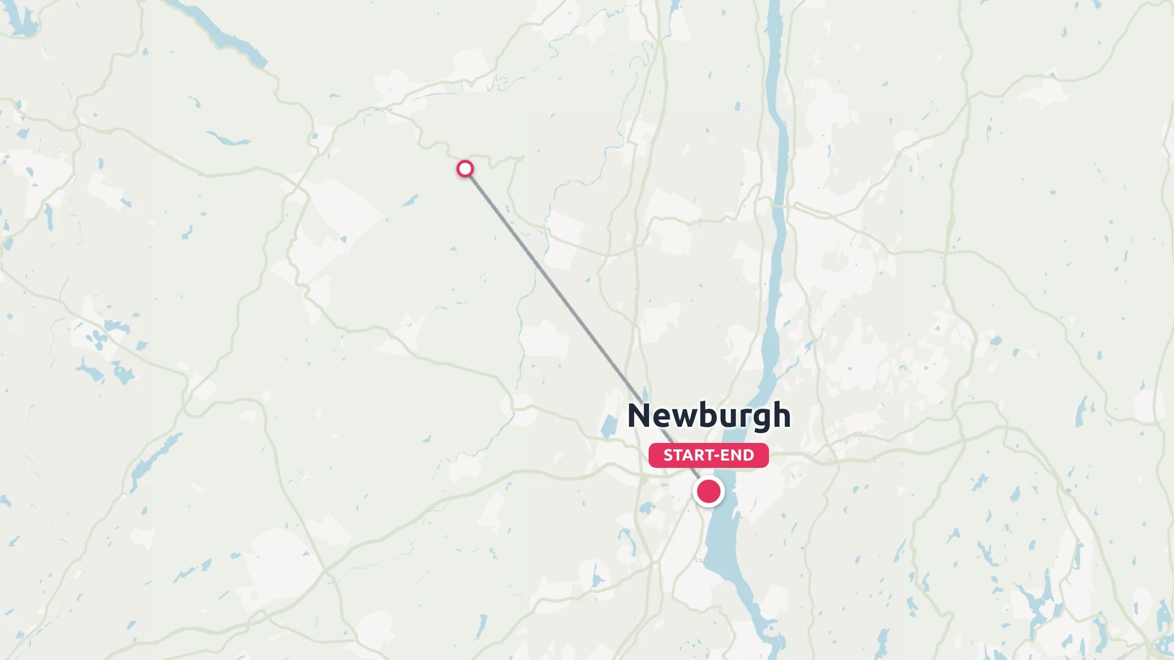 A travel route map showing a line connecting a destination with Newburgh marked as the start and end point.