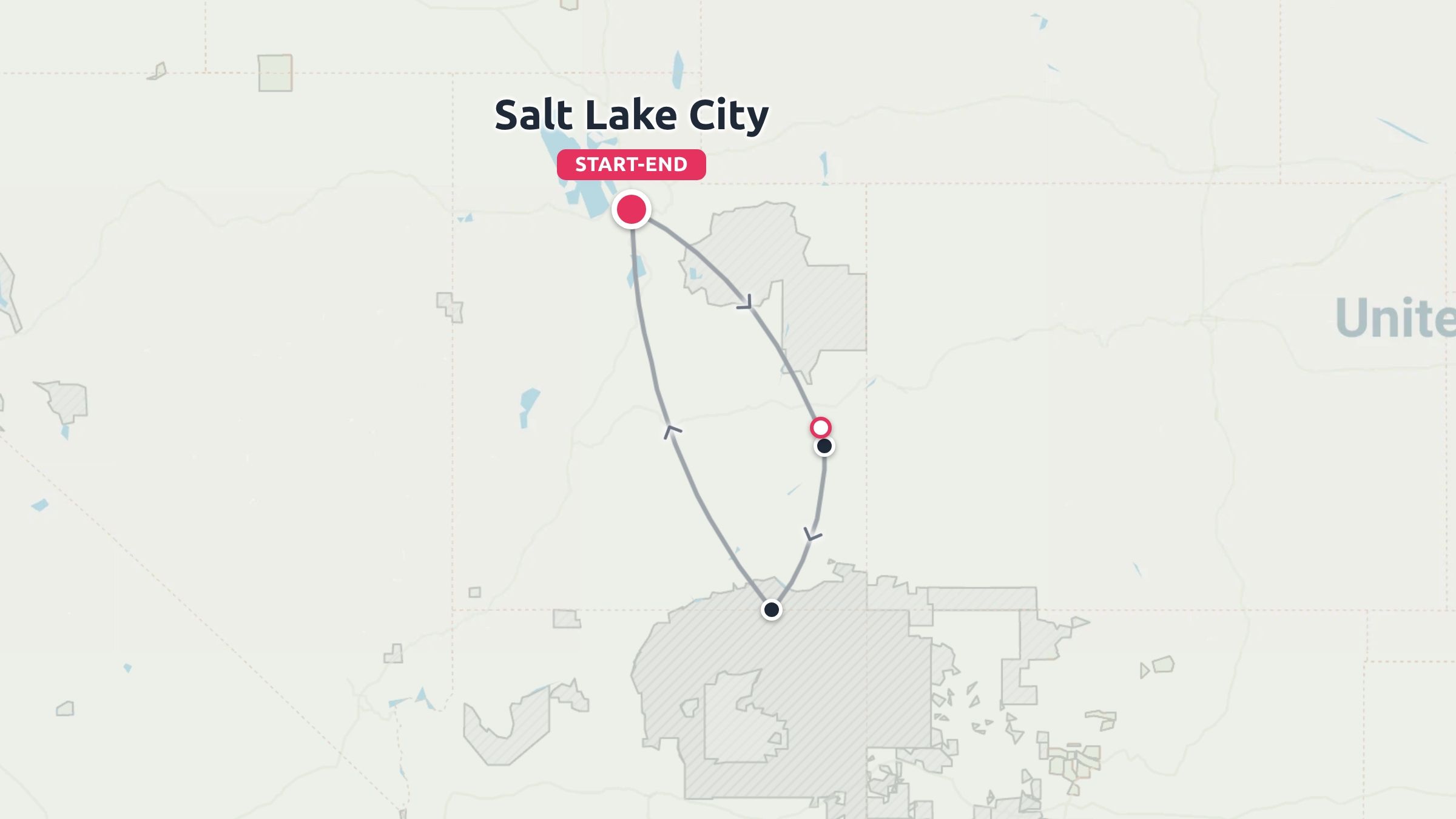 A travel itinerary map displaying a round-trip route starting and ending in Salt Lake City.