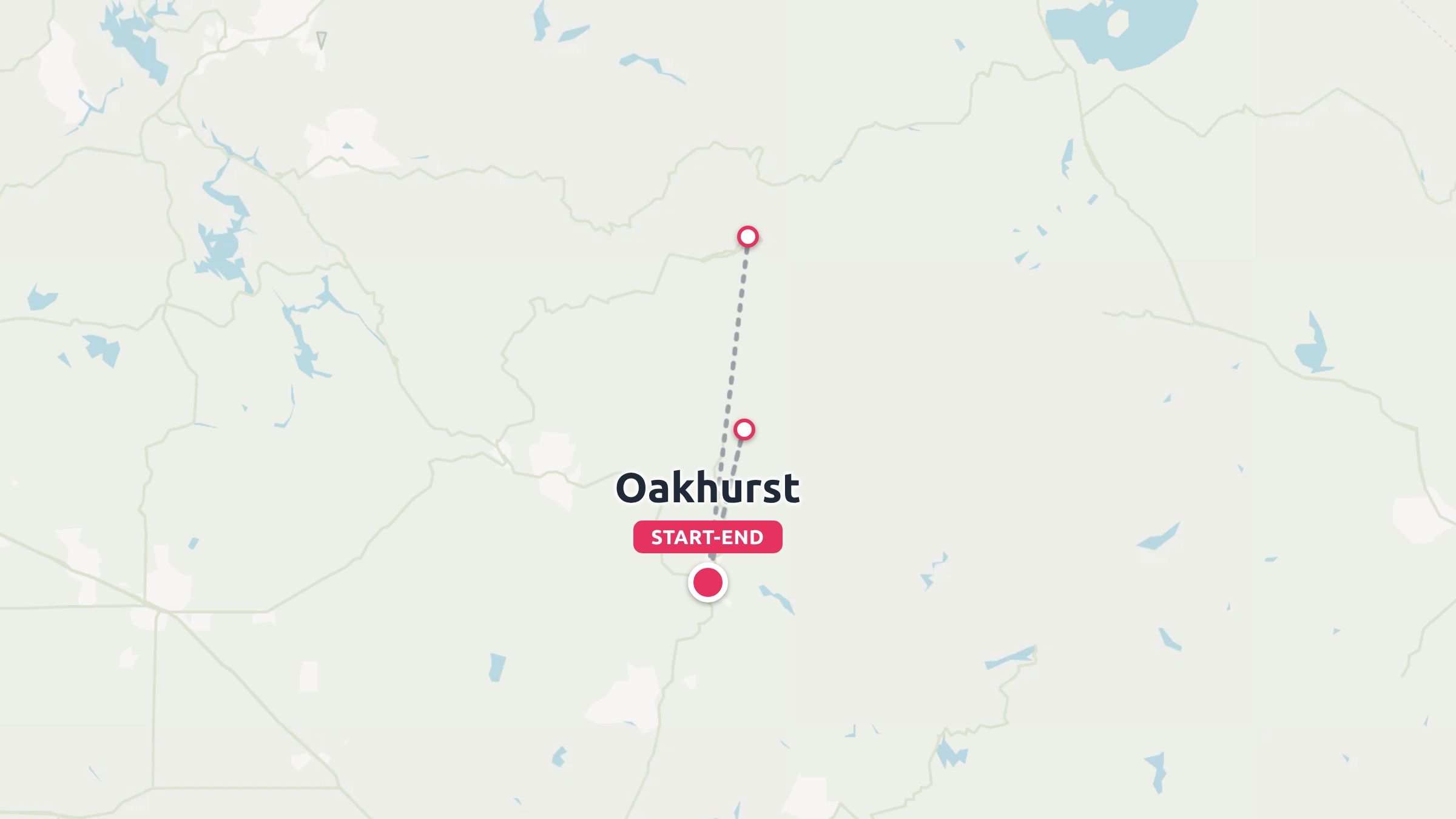 Travel itinerary route map showing waypoints starting and ending in Oakhurst with dotted paths.