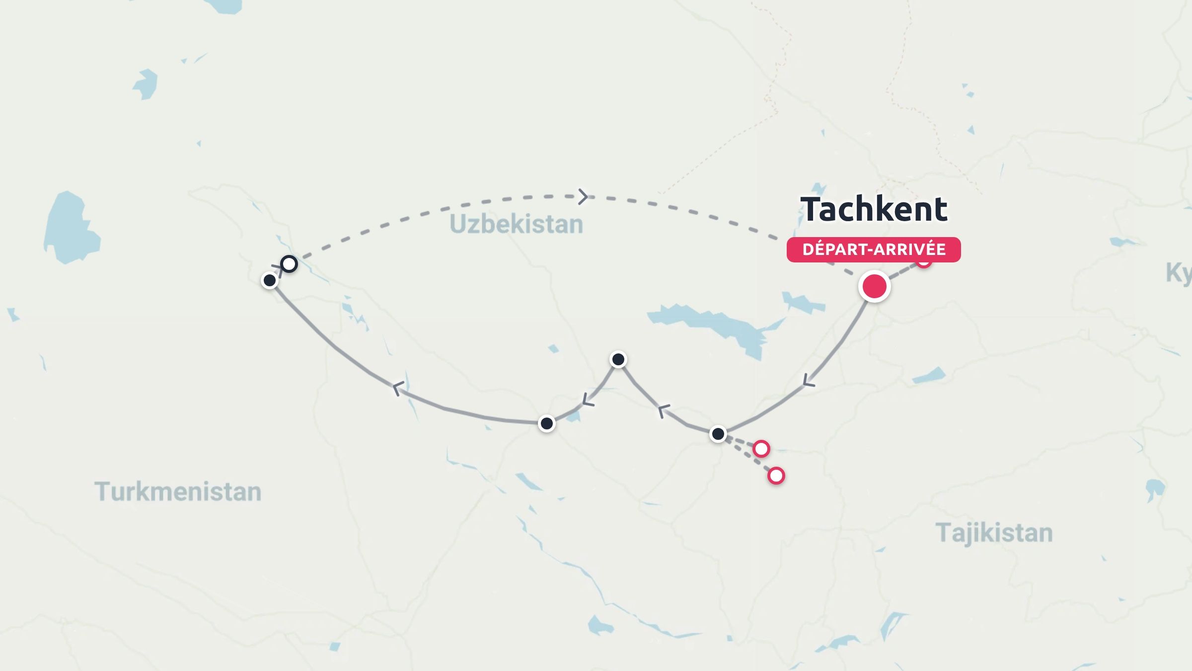 Carte de l'itinéraire de voyage à travers l'Ouzbékistan au départ et à l'arrivée de Tachkent, indiquant les différents arrêts de destination.