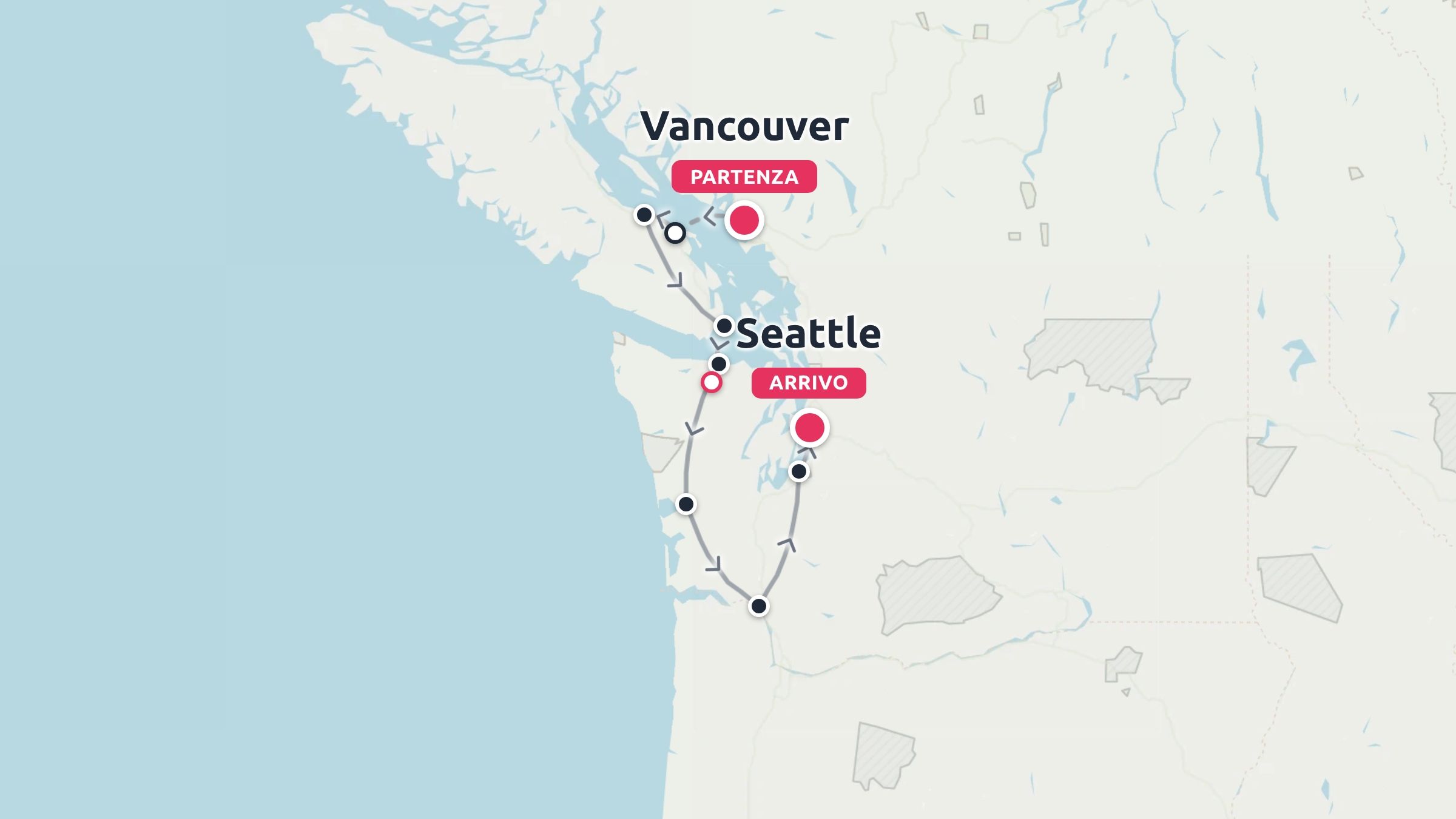 Una mappa del percorso di viaggio che mostra un itinerario ad anello tra Vancouver e Seattle con fermate segnalate lungo la costa
