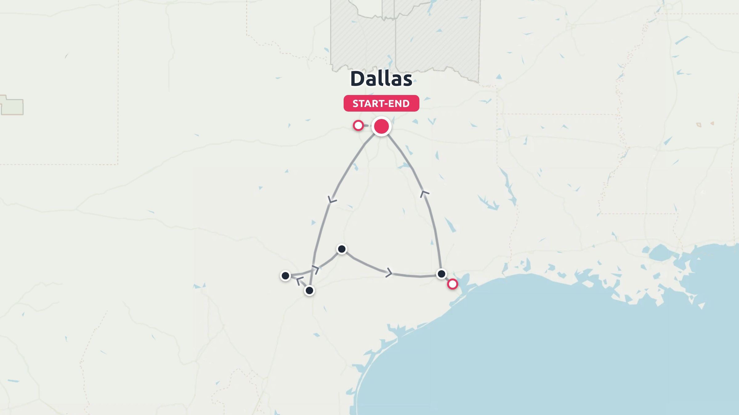 Travel itinerary map of Texas showing a loop route that starts and ends in Dallas.