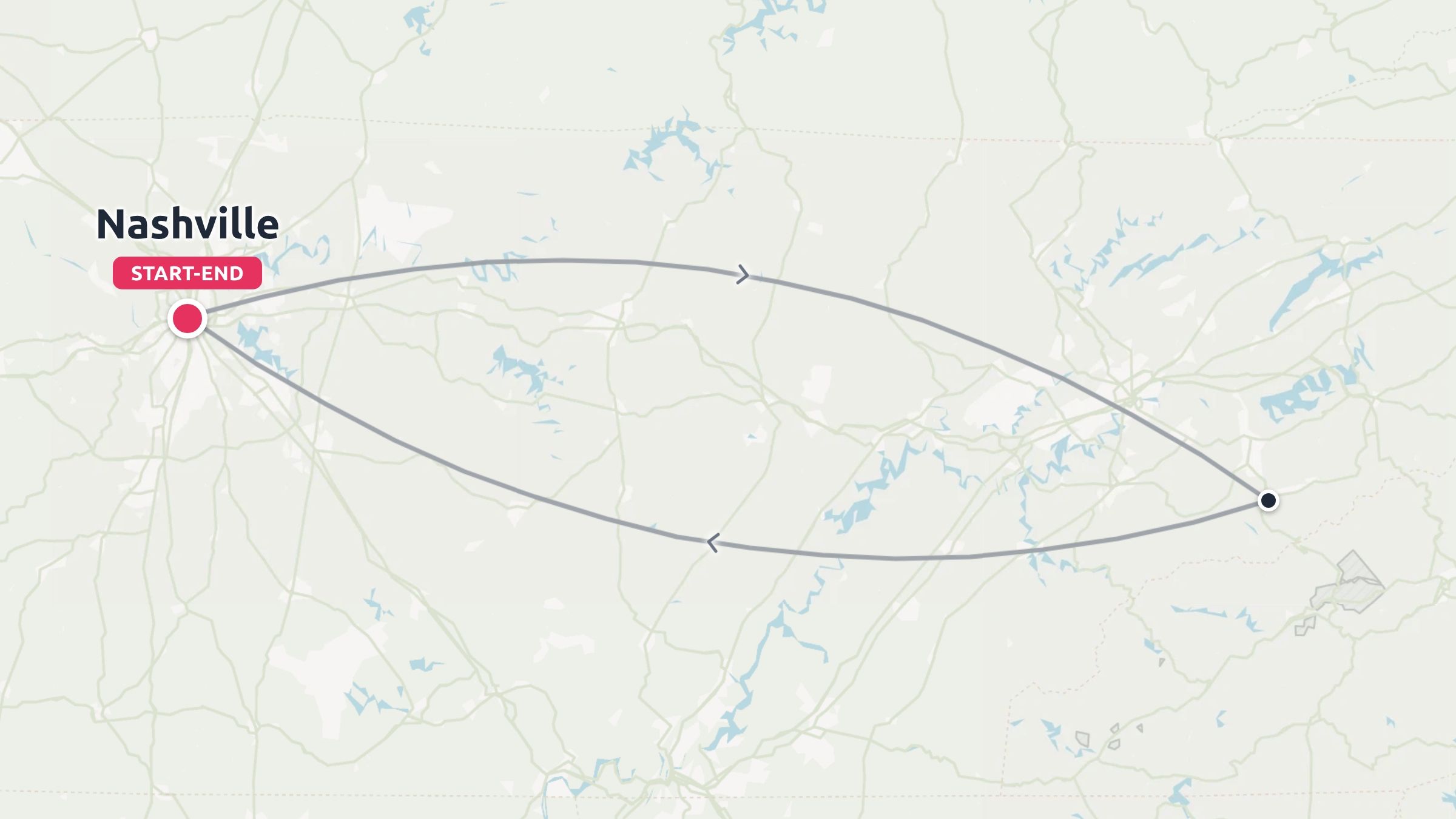 A travel route map showing a round-trip loop starting and ending in Nashville.