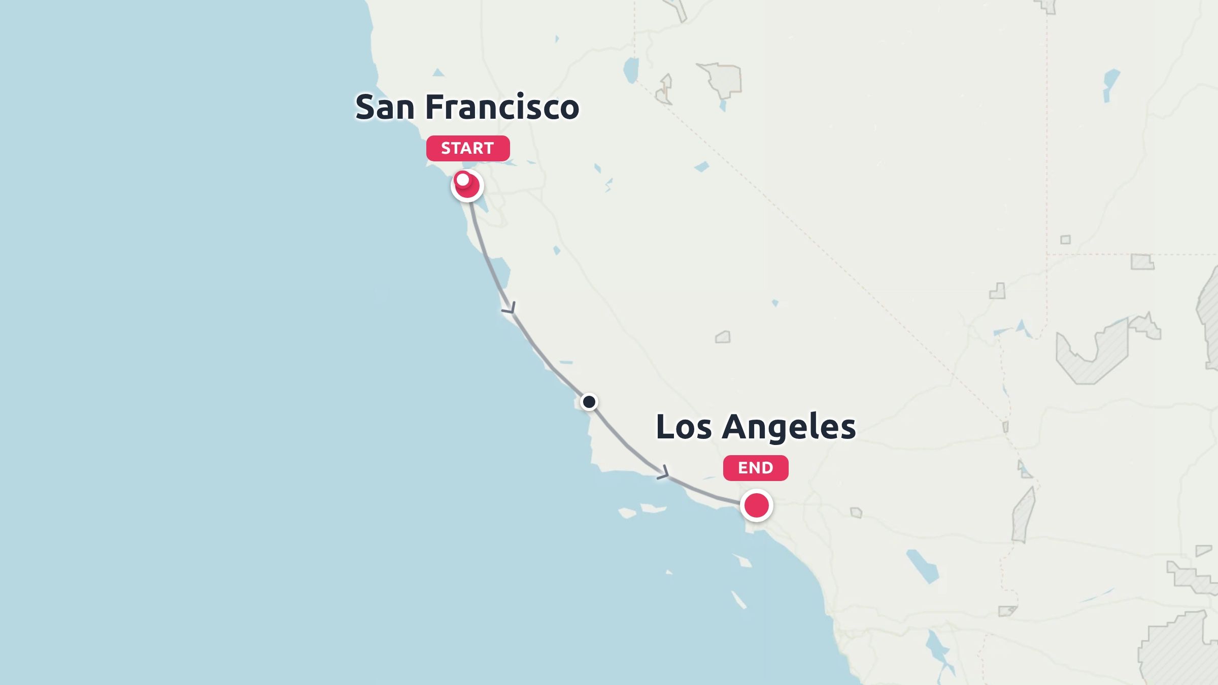 Travel map showing a coastal route from San Francisco as the start point to Los Angeles as the end point.