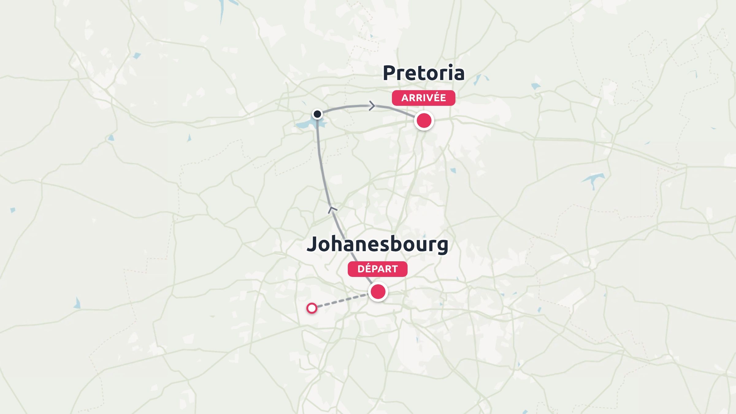 Carte de l'itinéraire de voyage montrant un chemin commençant à Johannesbourg et arrivant à Pretoria.