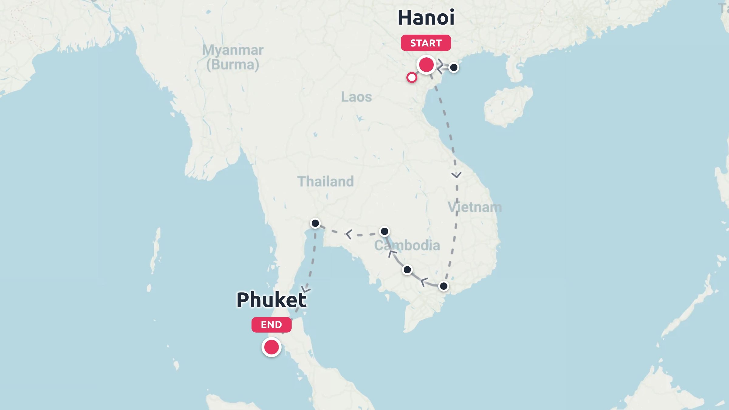 Travel route map across Southeast Asia starting in Hanoi, Vietnam, passing through Cambodia, and ending in Phuket, Thailand.
