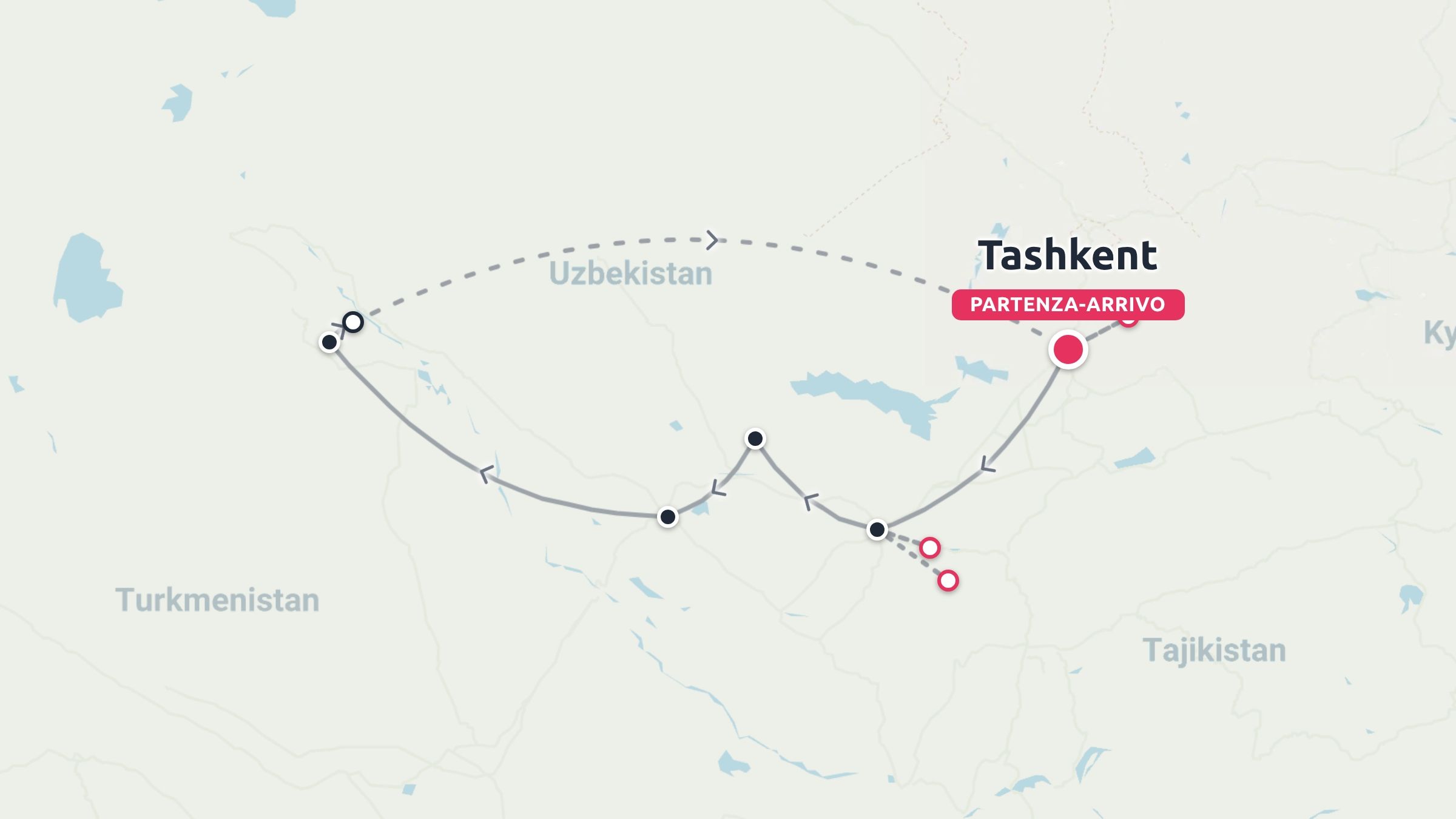 Un itinerario di viaggio in Uzbekistan con fermate lungo un anello circolare che inizia e finisce a Tashkent