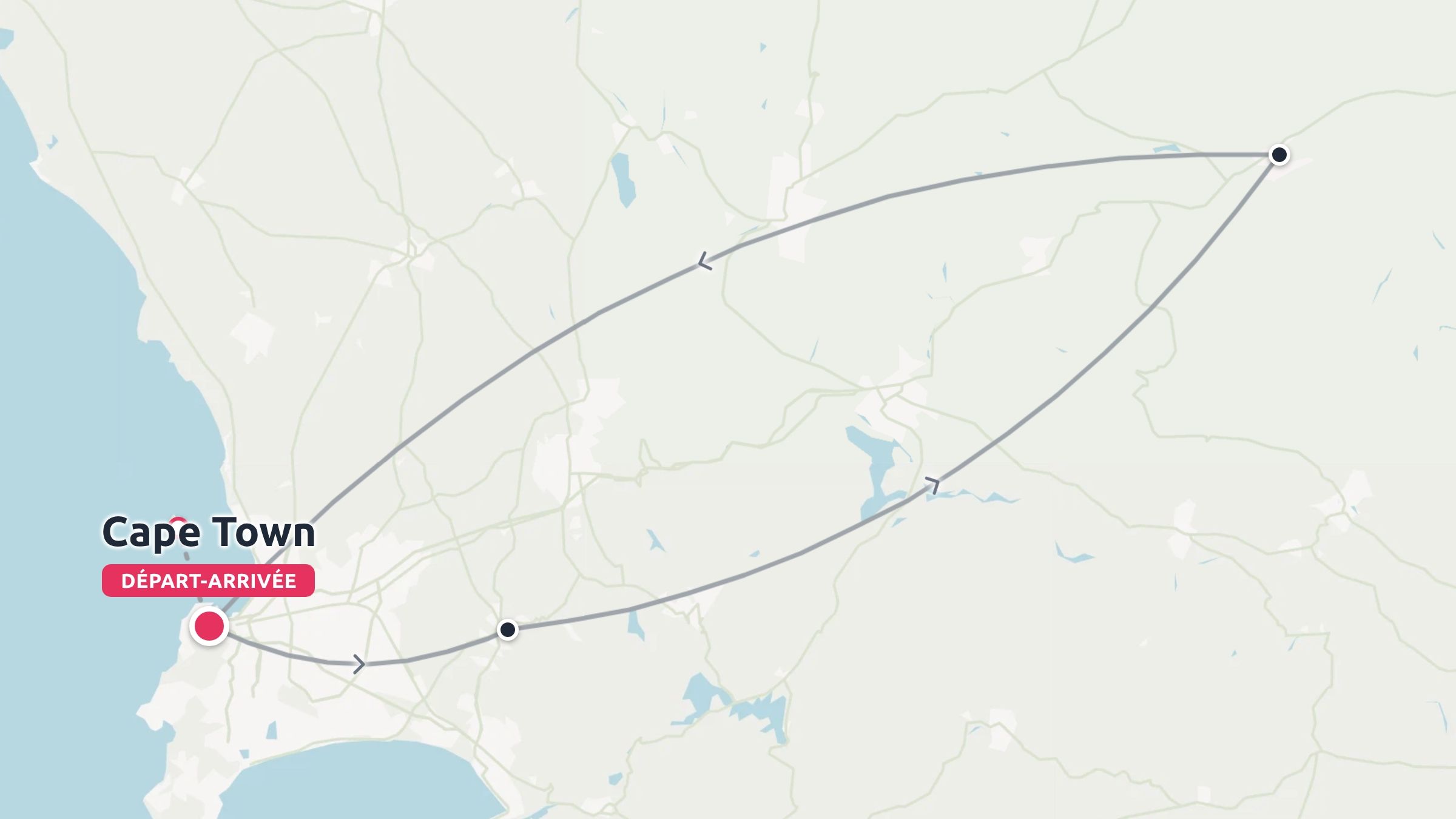 Carte de l'itinéraire de voyage montrant un parcours en boucle commençant et se terminant au Cap.