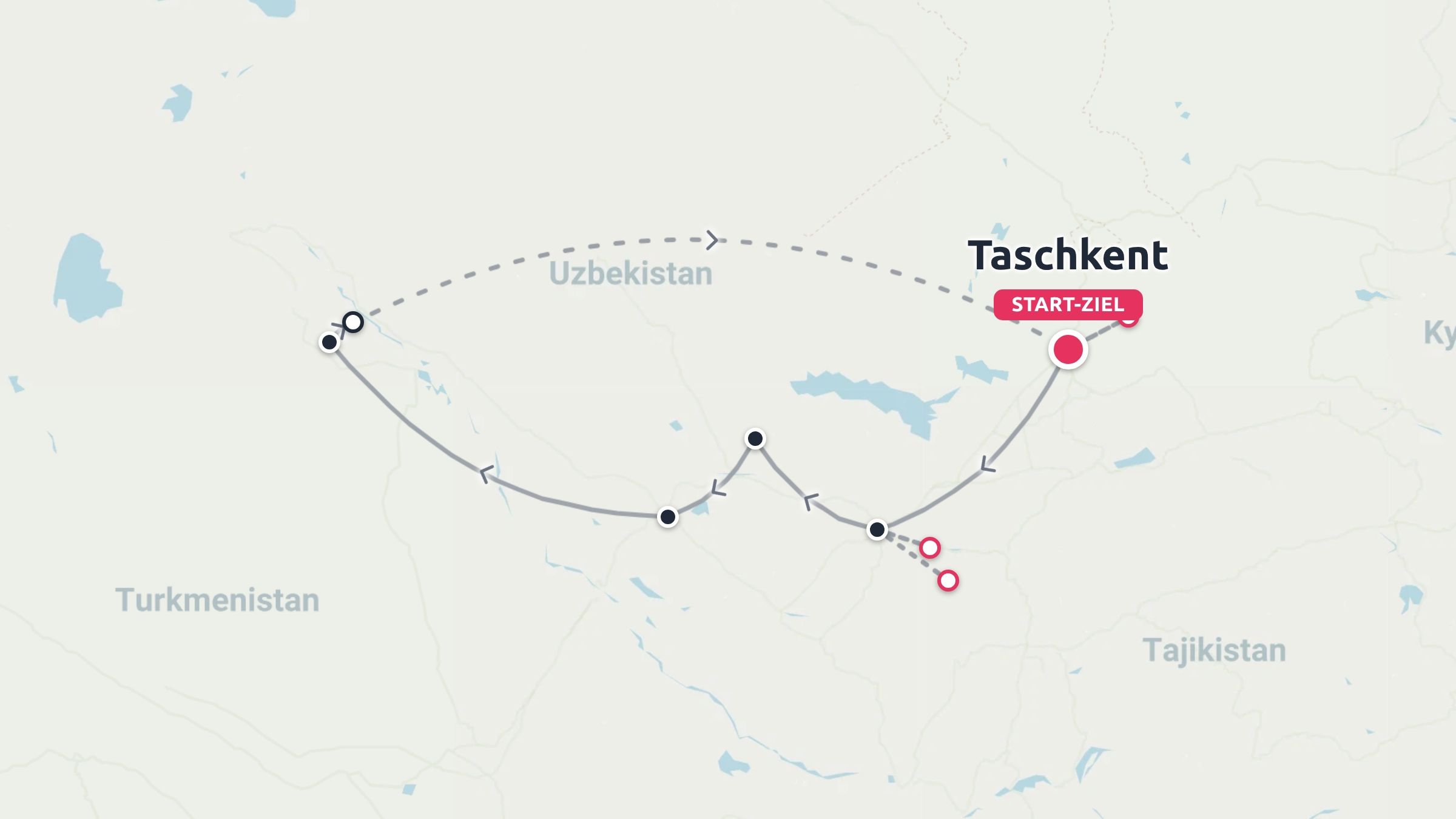 Eine Reiseroute durch Usbekistan mit Start und Ende in Taschkent und markierten Stationen
