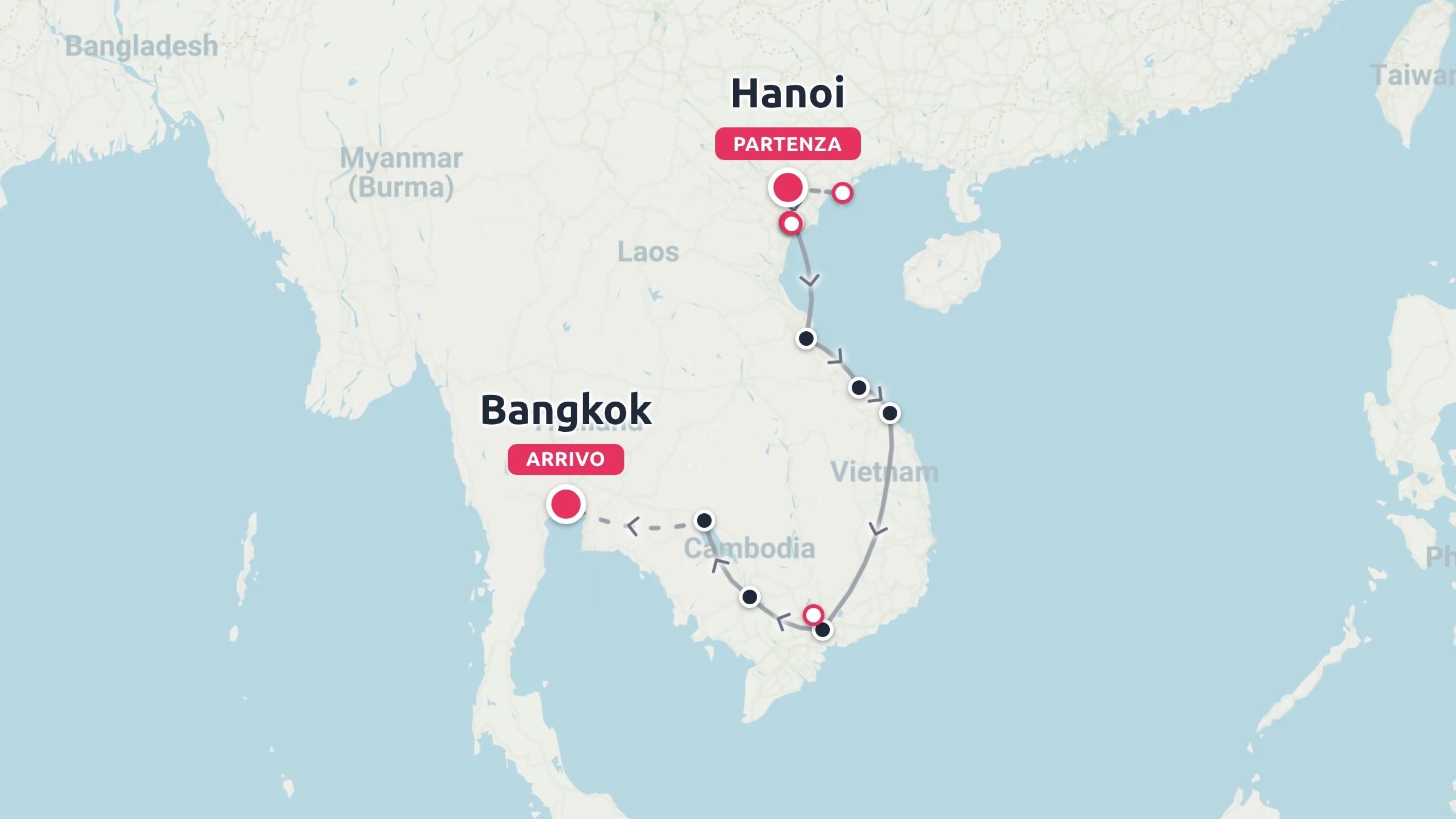 Itinerario di viaggio nel Sud-est asiatico con partenza da Hanoi in Vietnam, proseguimento verso sud attraverso la Cambogia e arrivo a Bangkok