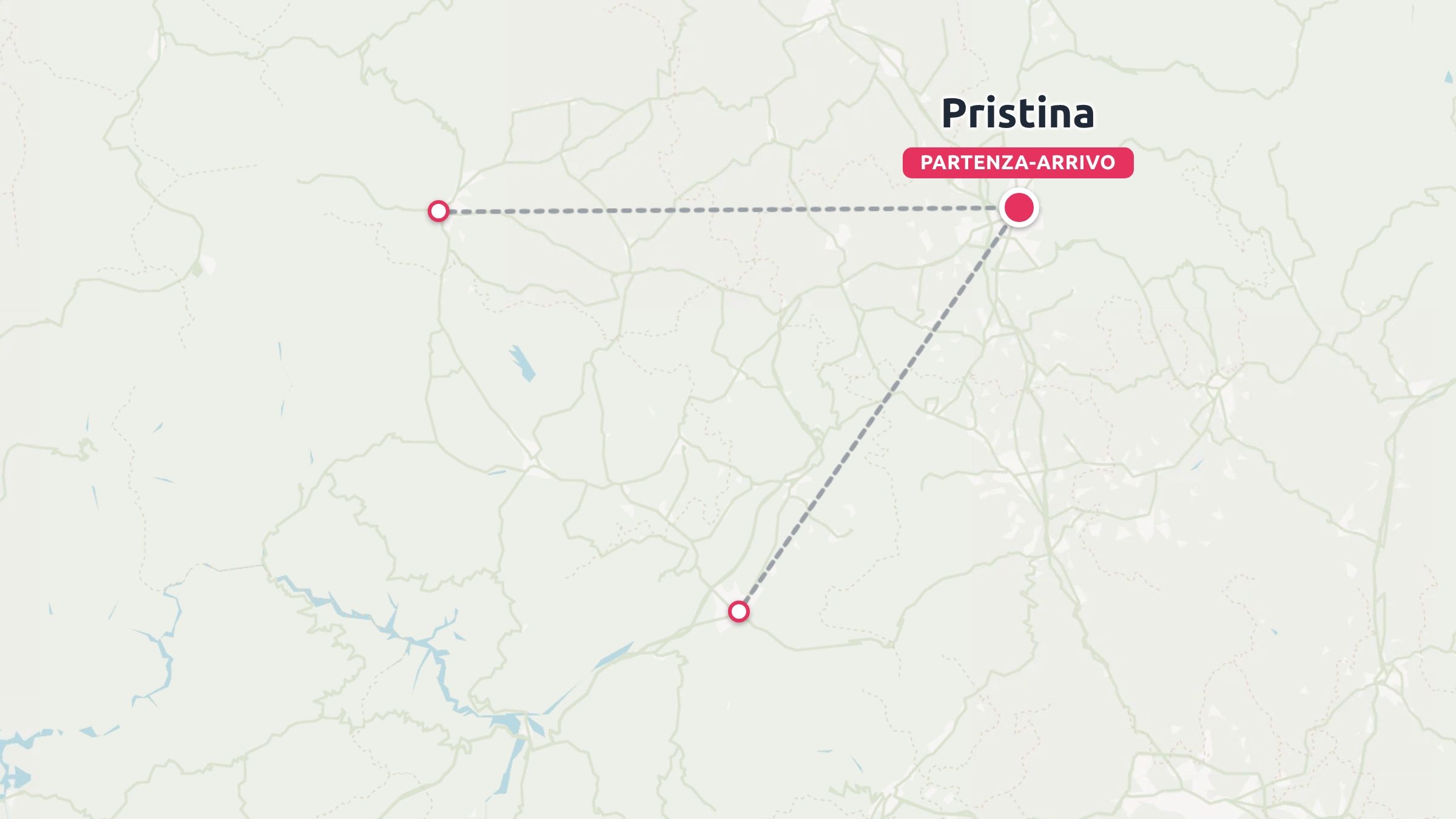 Una mappa dell'itinerario di viaggio che mostra un percorso triangolare con partenza e arrivo a Pristina