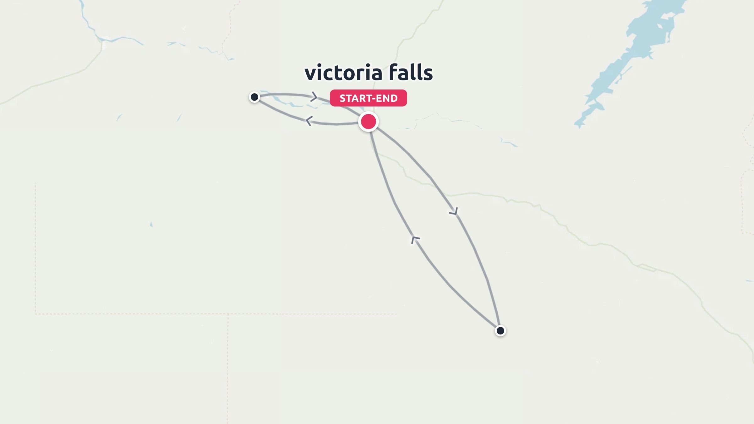 Travel route map showing an itinerary loop starting and ending at Victoria Falls with connecting path markers.