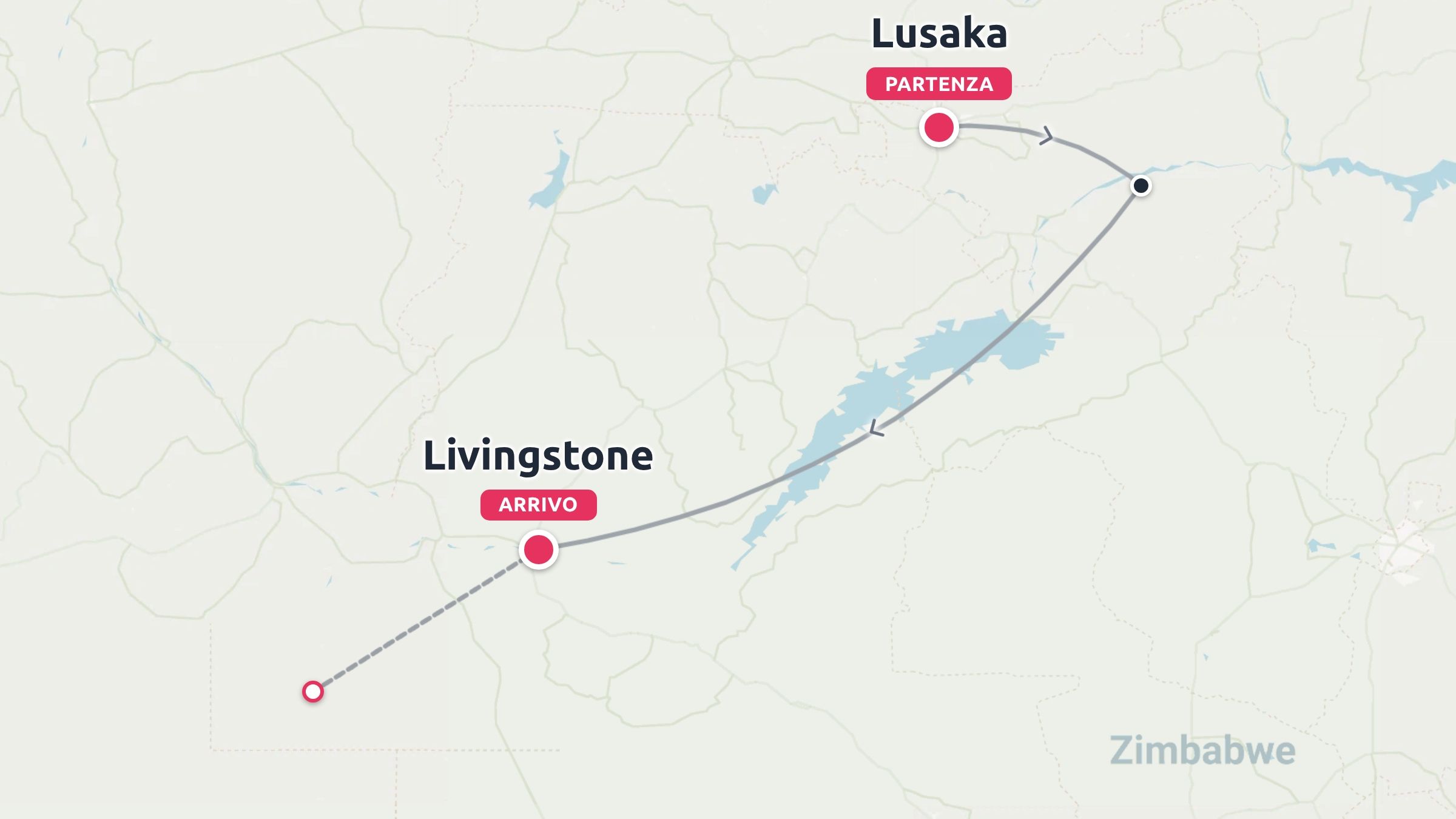 Mappa che mostra un itinerario di viaggio con partenza da Lusaka e arrivo a Livingstone vicino allo Zimbabwe