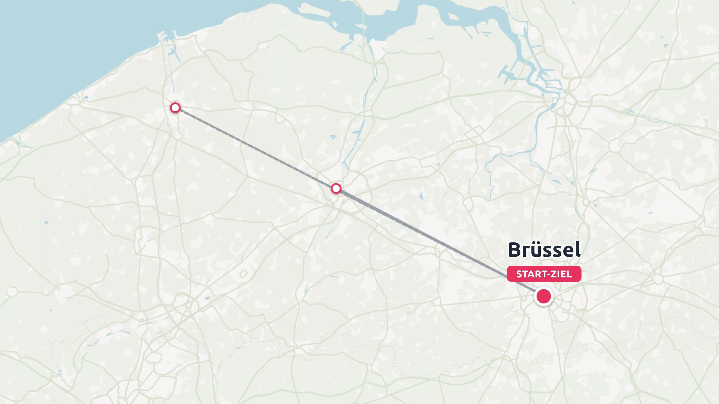 Eine Reiseroute in Belgien, die drei Punkte mit einer Linie verbindet, mit Brüssel als Start- und Zielpunkt.