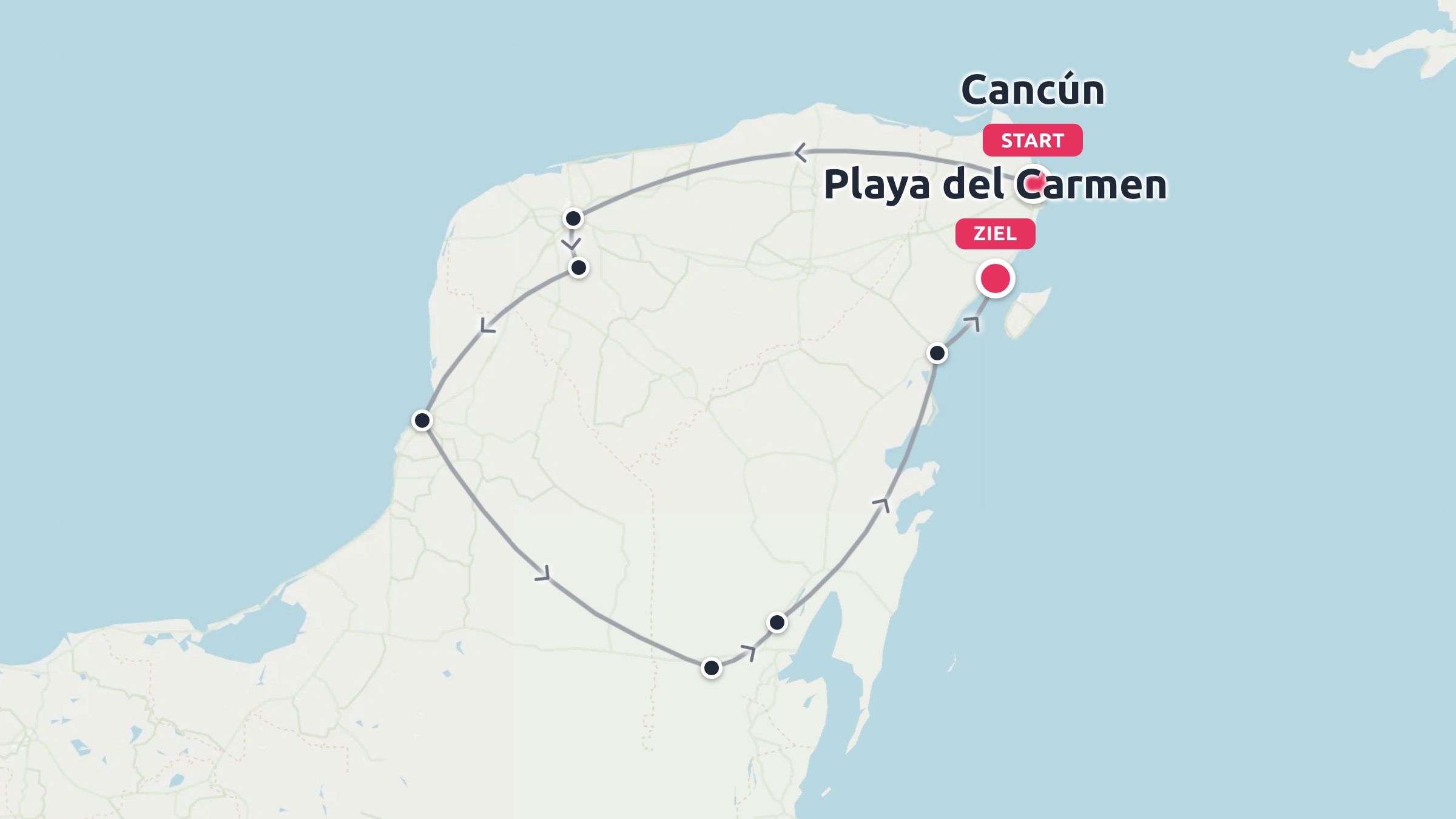 Eine Reiseroute über die Halbinsel Yucatán, beginnend in Cancún und endend in Playa del Carmen.