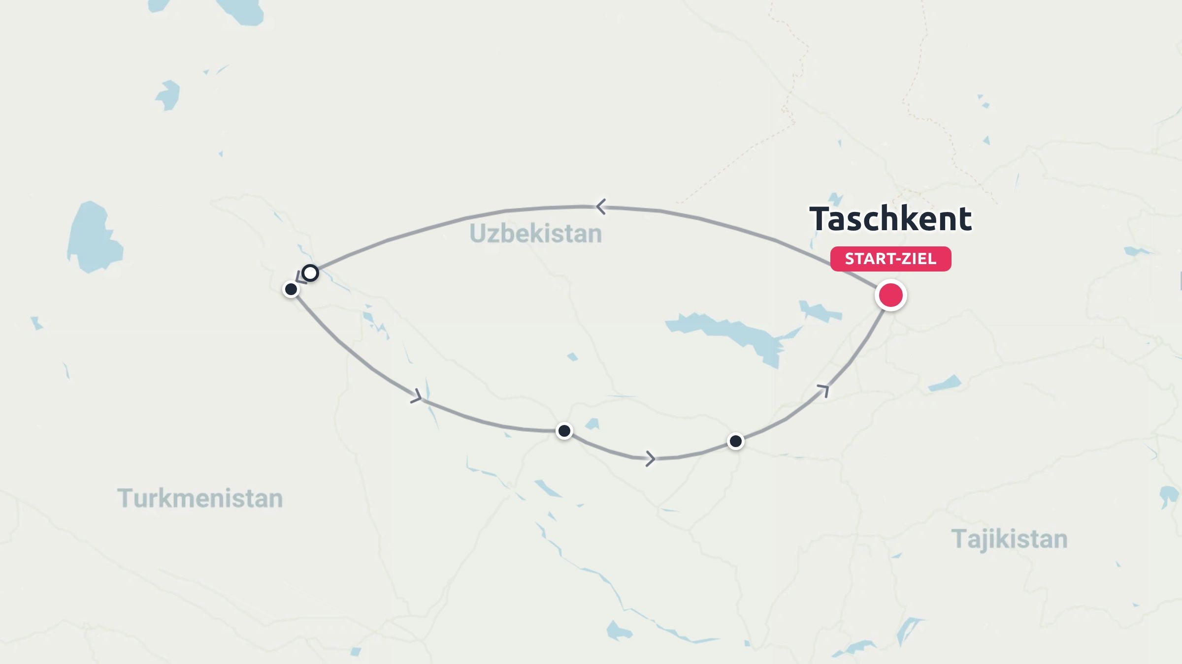 Eine Reiseroute im Kreis durch Usbekistan mit Start und Ziel in Taschkent.