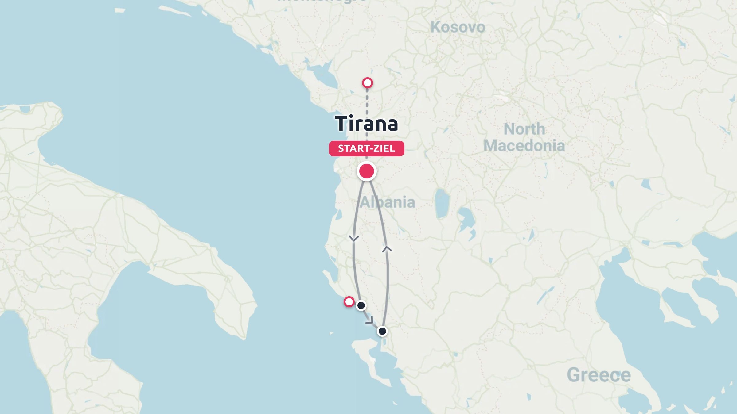 Eine Reiseroutekarte von Albanien mit einer Rundreise, die in Tirana beginnt und endet.