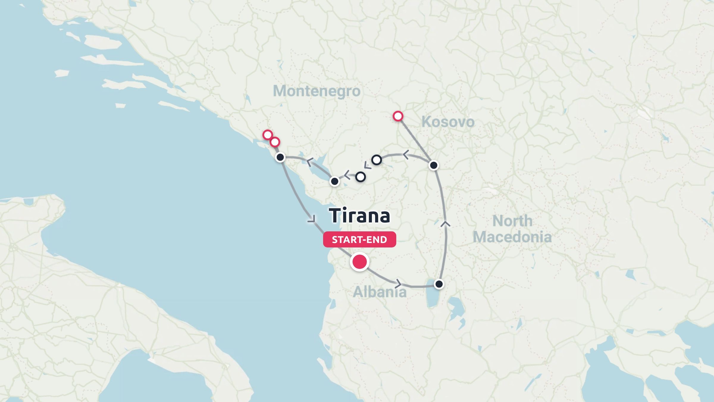 A travel map showing a circular route starting and ending in Tirana, Albania, passing through Montenegro and Kosovo.