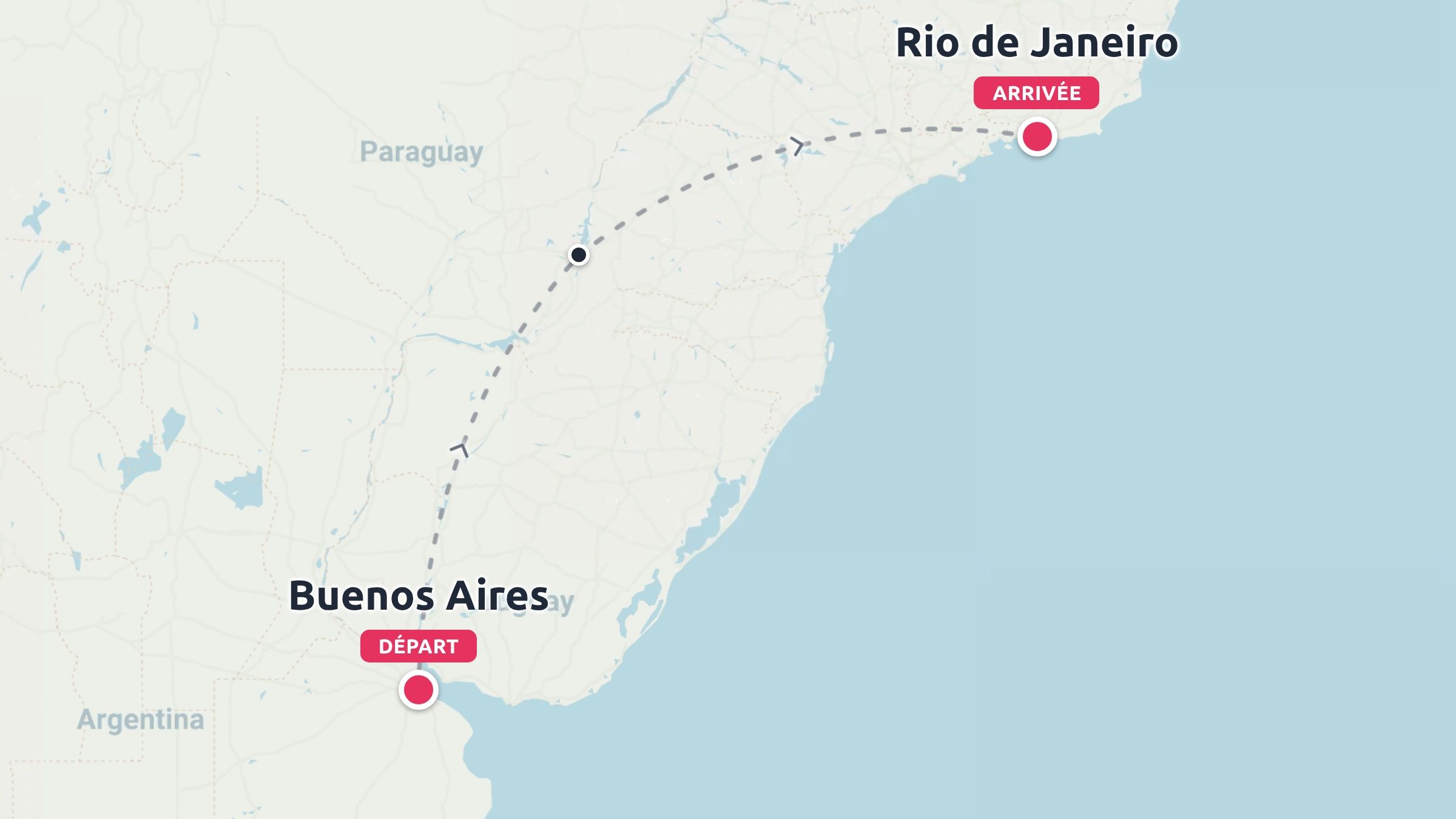 Une carte d'itinéraire de voyage affichant un trajet de vol reliant Buenos Aires au départ à Rio de Janeiro à l'arrivée.