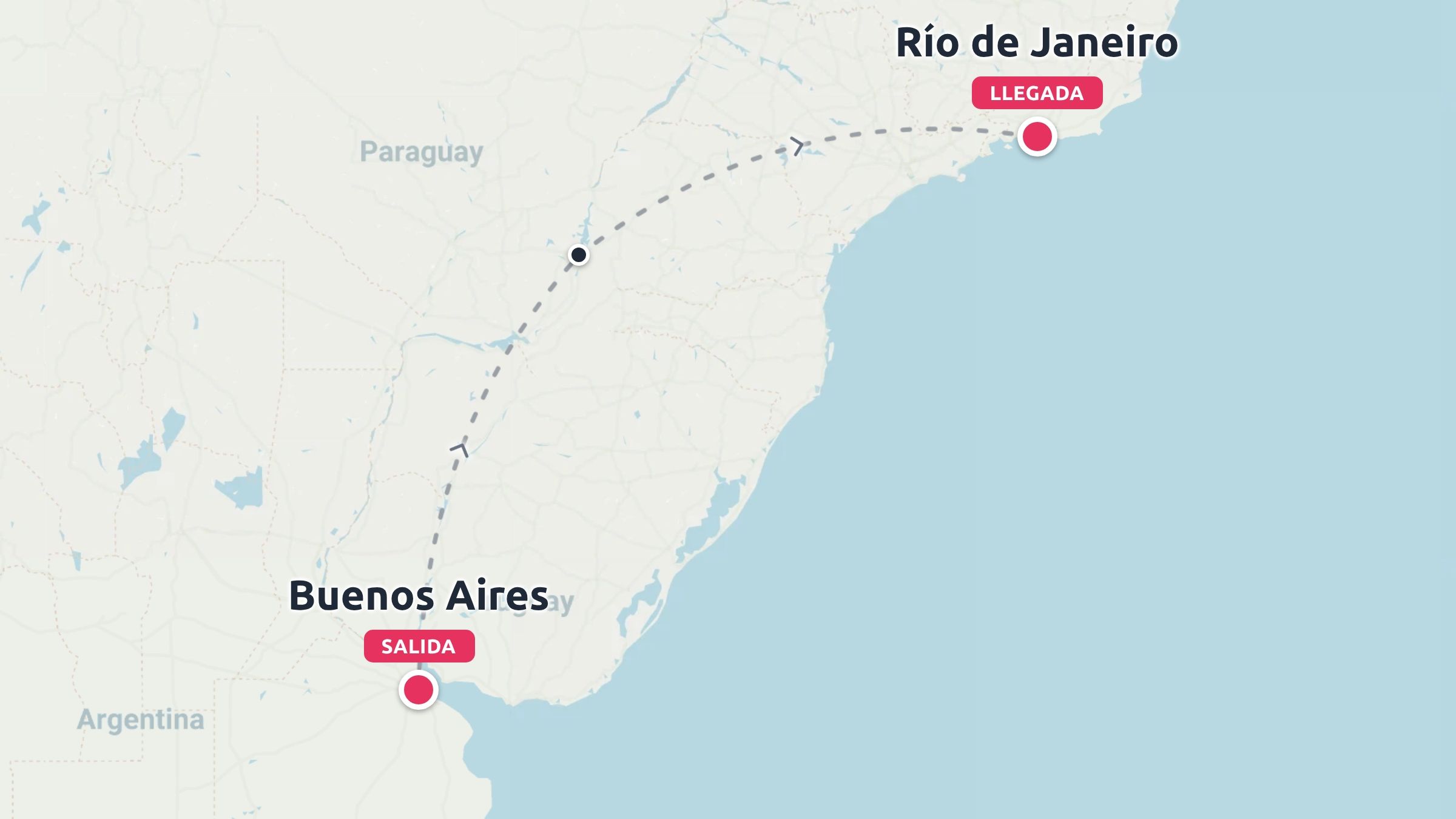 Un mapa de viajes que muestra una ruta de vuelo que conecta Buenos Aires con Río de Janeiro a través de América del Sur.