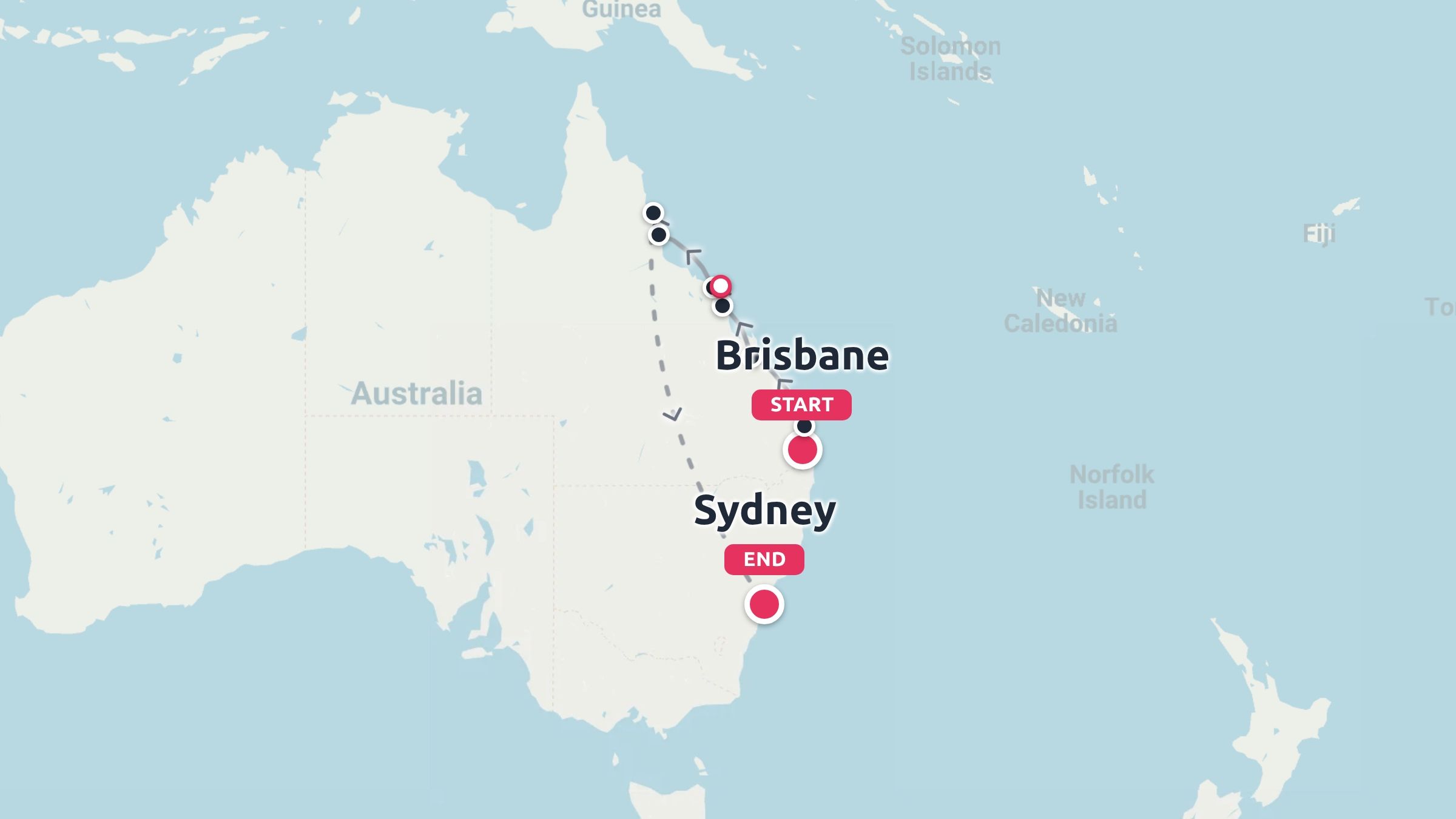 Map of Australia detailing a travel route starting in Brisbane, traveling up the east coast, and ending in Sydney.
