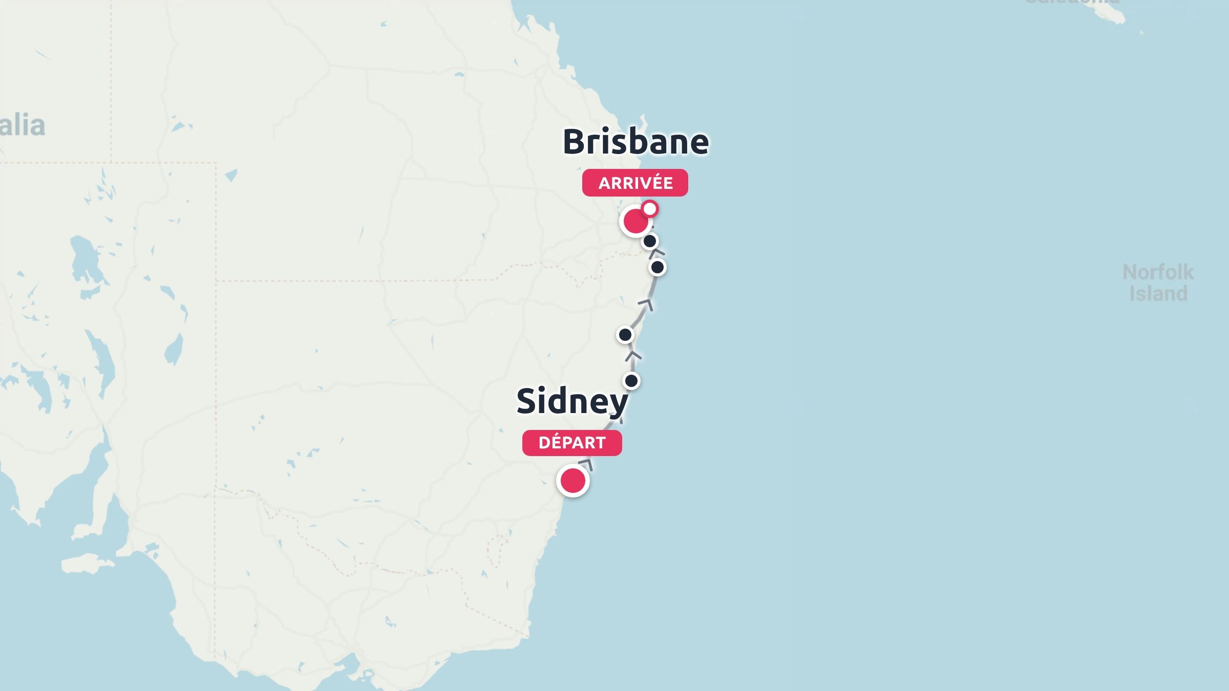 Un itineraire de voyage le long de la cote est de l'Australie, montrant un parcours de Sydney a Brisbane.
