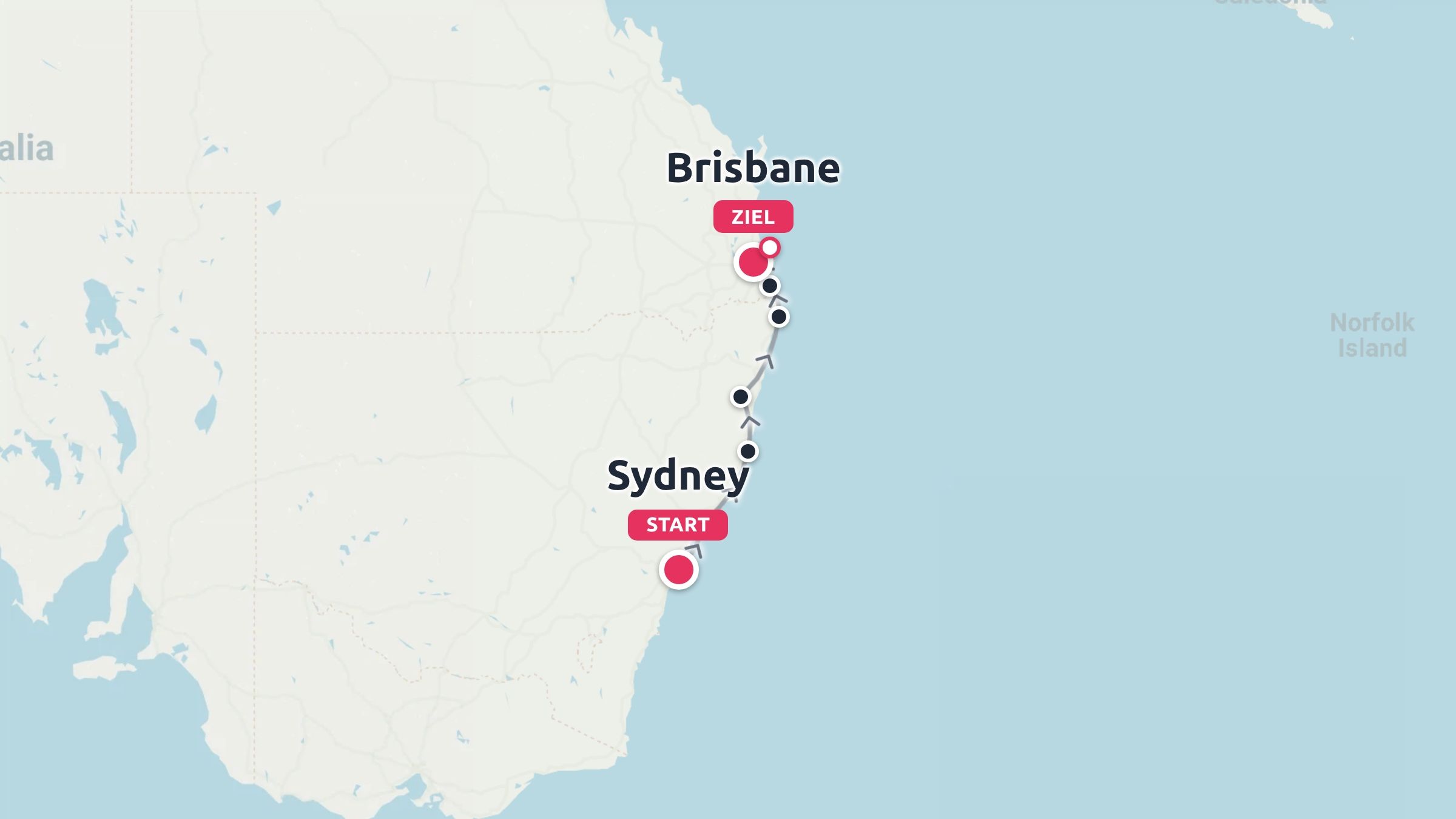 Eine Reiseroute entlang der Ostküste Australiens mit einer Startroute in Sydney und einem Ziel in Brisbane.