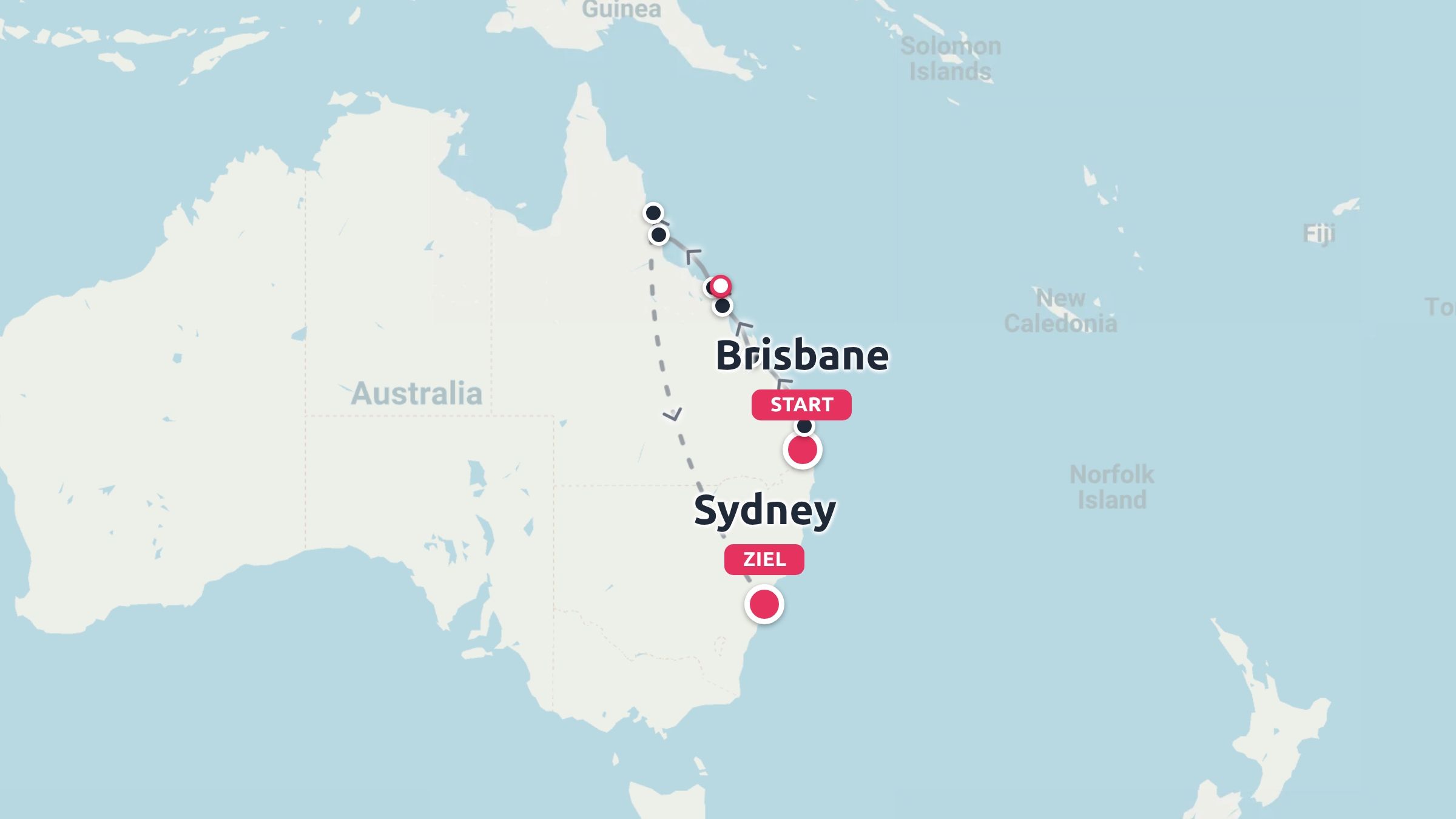Reiseroute durch das östliche Australien mit Start in Brisbane und Ziel in Sydney