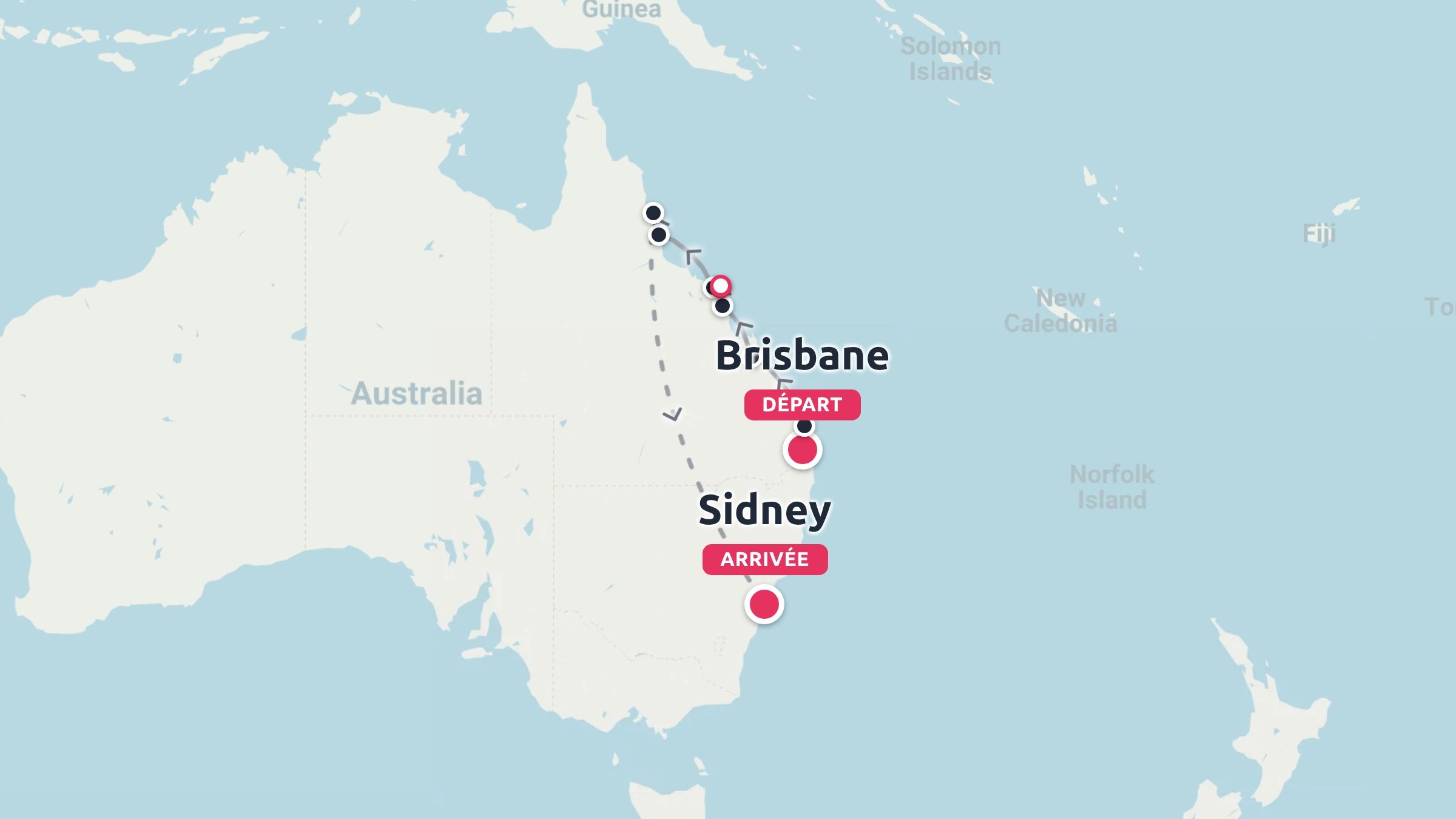 Une carte d'itinéraire de voyage dans l'est de l'Australie montrant un trajet au départ de Brisbane et arrivant à Sydney.