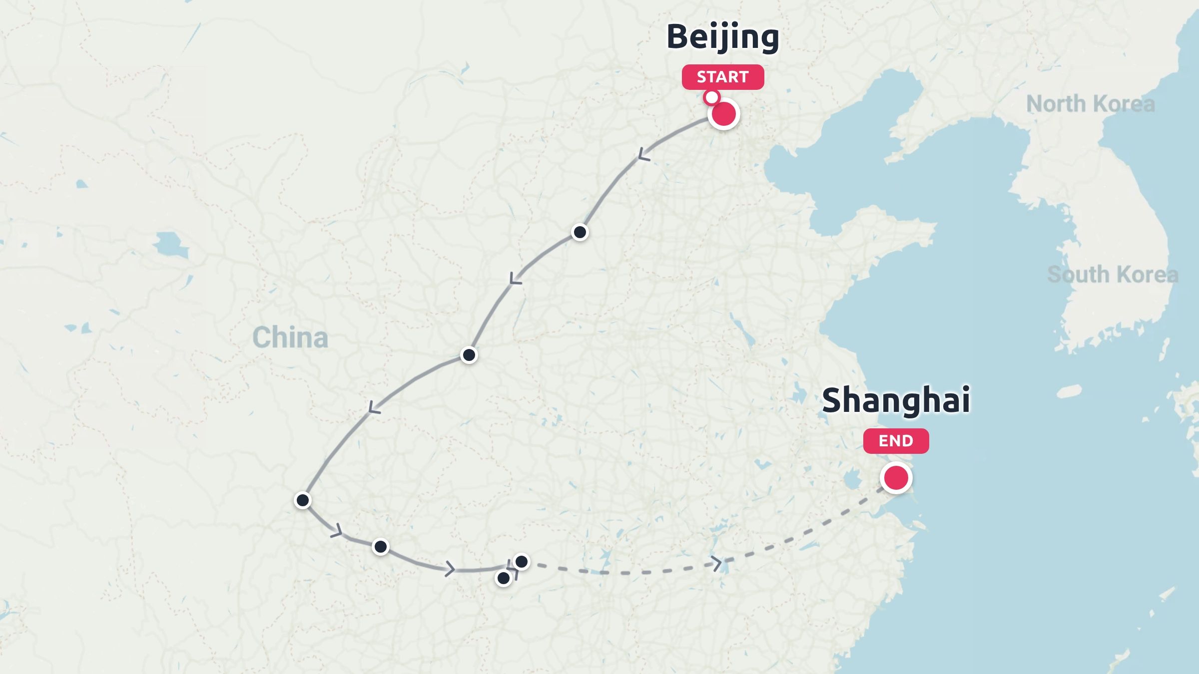 Travel route map across China starting from Beijing and ending in Shanghai with multiple intermediate stops.