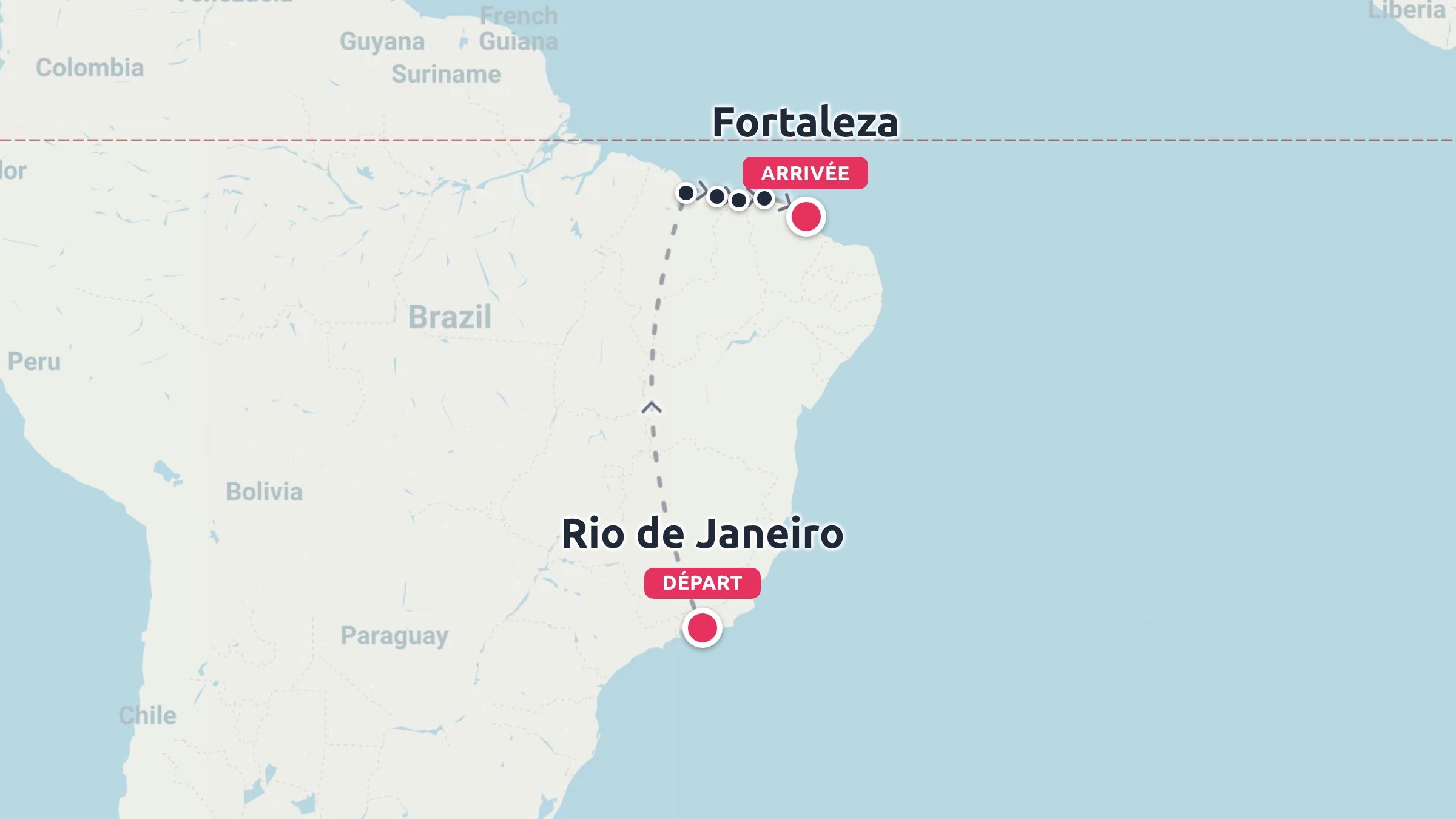 Une carte du Brésil montrant un itinéraire de voyage commençant à Rio de Janeiro et se terminant à Fortaleza.