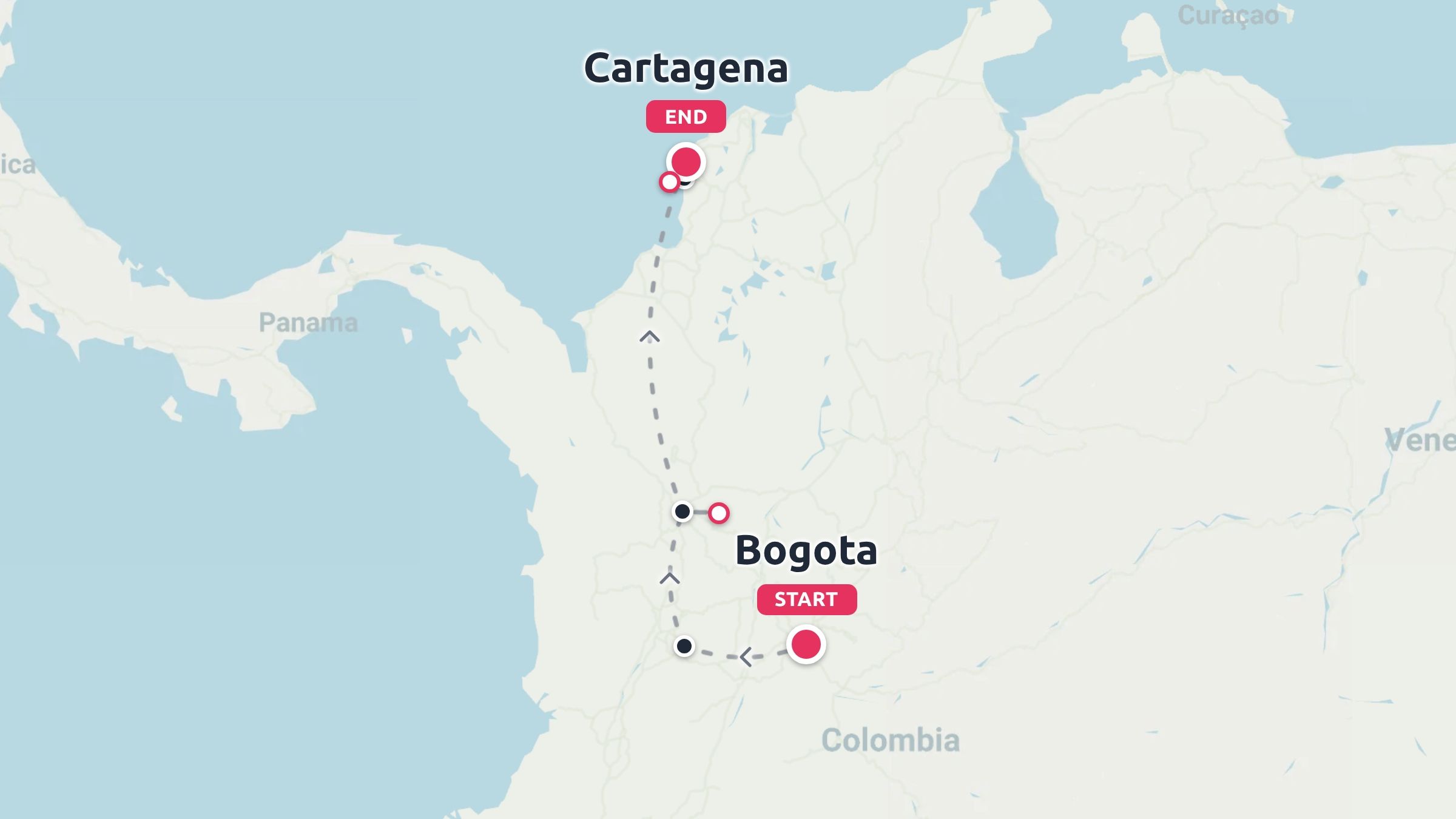 A travel route map across Colombia, starting in Bogota and ending in Cartagena with intermediate waypoints.
